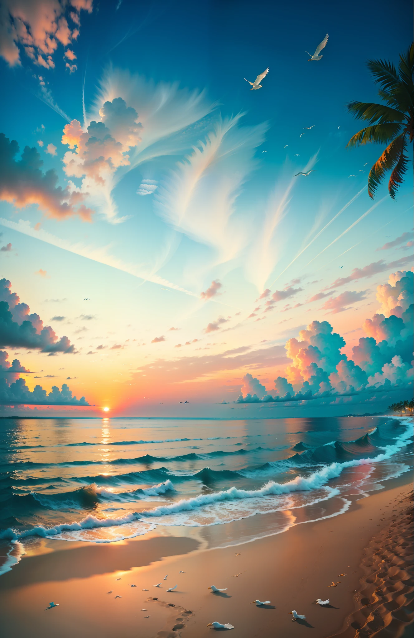 ((Best Quality)), ((Masterpiece)), (Details: 1.4), absolutely mesmerizing sunsets on the beach with a mix of orange, pink and yellow in the sky. The water is crystal clear, gently kissing the shore, and the white sand beach stretches as far as the eye can see. The scene is dynamic and breathtaking, with seagulls soaring high in the sky and palm trees gently swaying. Soak up the calming atmosphere and let tranquility envelop you, Perfect Proportions, Octane Render, Bicolor Light, Large Aperture, Low ISO, White Balance, Rule of Thirds, 8K RAW, PBR Texture, Post Processing, Anisotropy Filtering, Depth of Field, Maximum Clarity and Clarity,