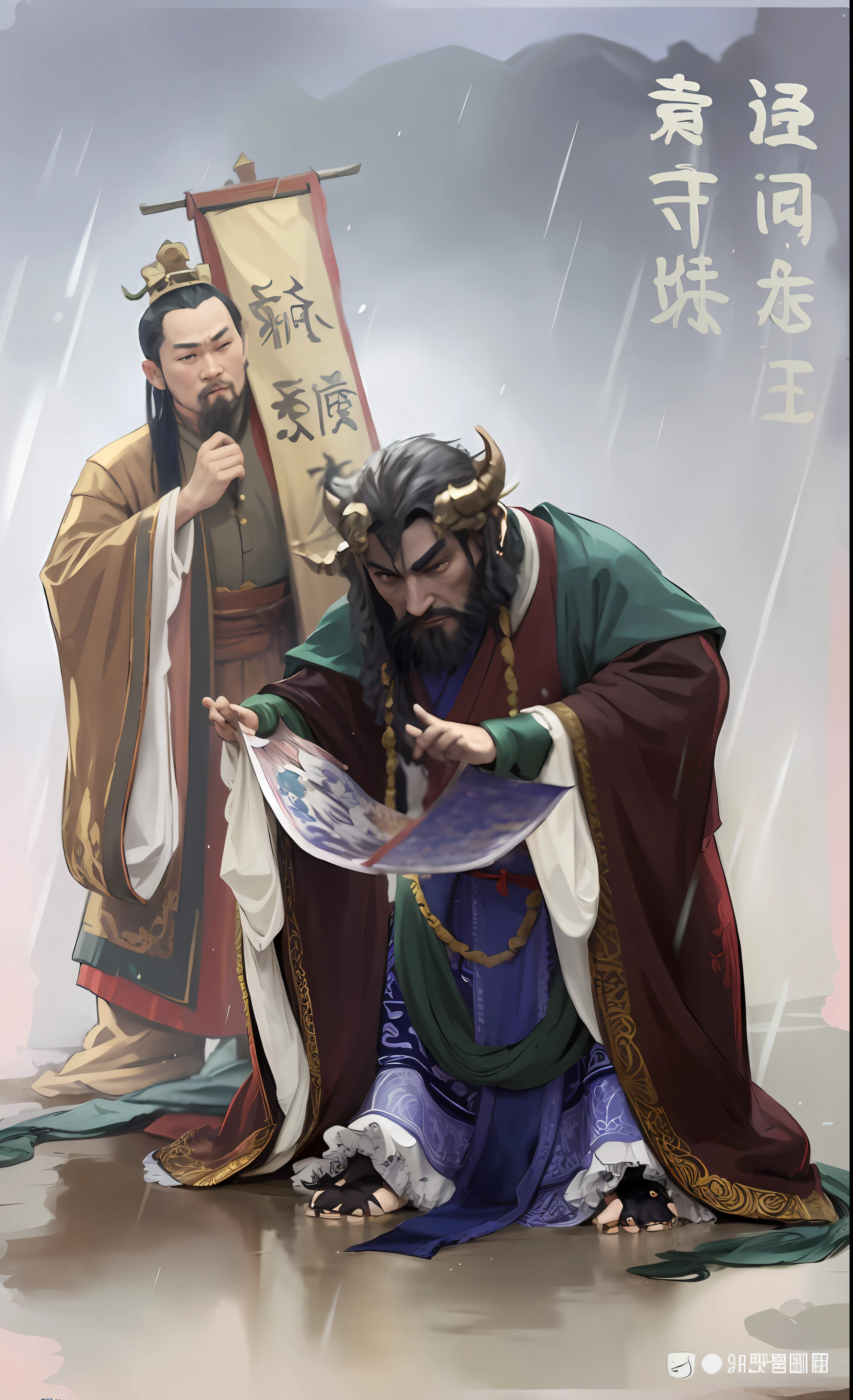 Man in traditional costume and dragon king in the rain, Chinese mythology
