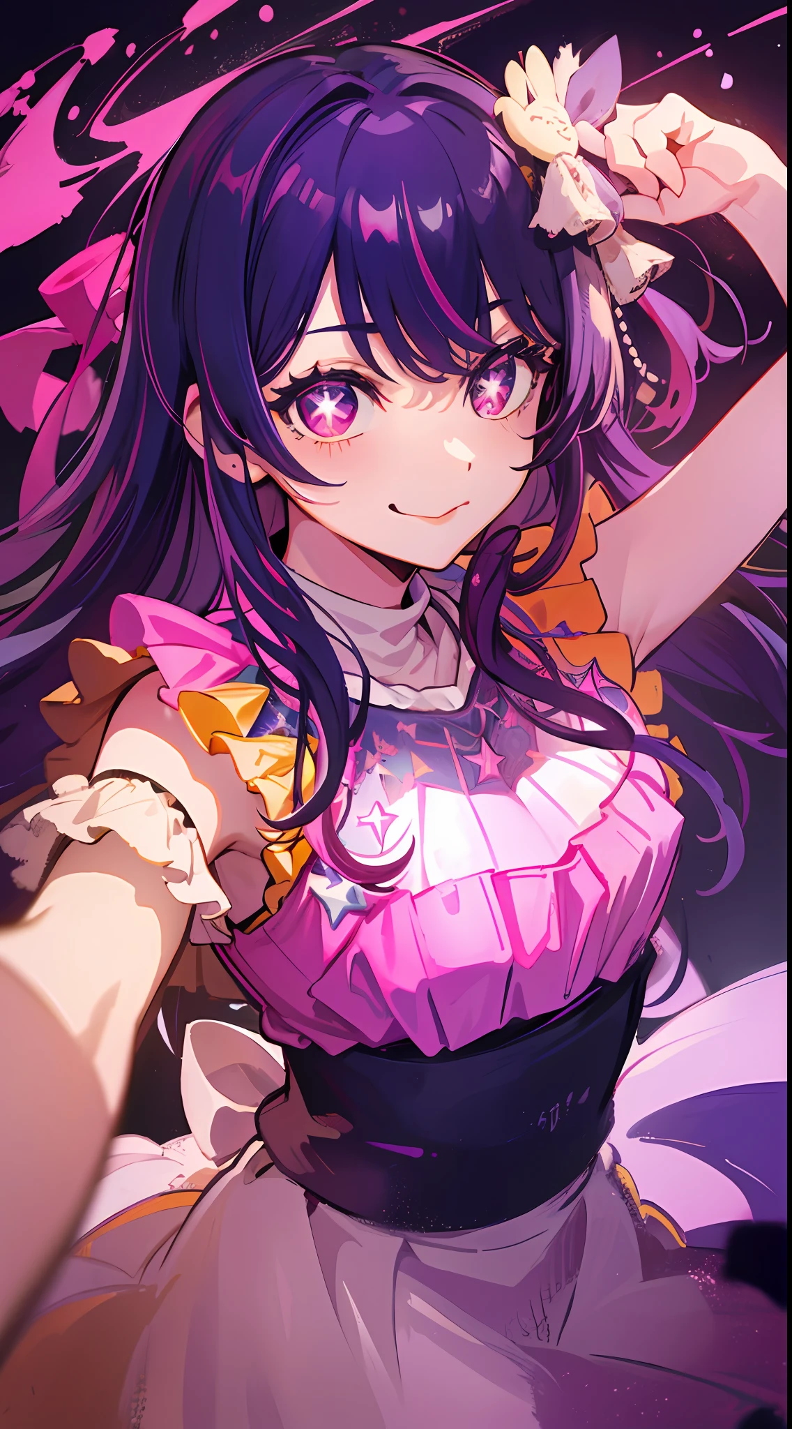 HshinoAi,gloves, tongue out, tongue, long hair, star \(symbol\), looking at viewer, (purple hair:1.2), purple eyes, upper body, hair ornament, frills, pink shirt, smile, sleeveless, shirt, idol, symbol-shaped pupils, hands up, bangs, one side up, star-shaped pupils, arms up, dress pull,Roaring Twenties, isometric, cliff, 1girl, (Rembrandt), illustration, (best quality), (ultra_detailed), finely detail, (Depth of field), peace sign, highest quality, high resolution. dynamic, shout, kiss, hustle, striking eyes, confident lol, overhead view, high resolution, profoto, stage, flash, 1girl, solo, Japanese manga idol singer, upper body, standing microphone, selfie