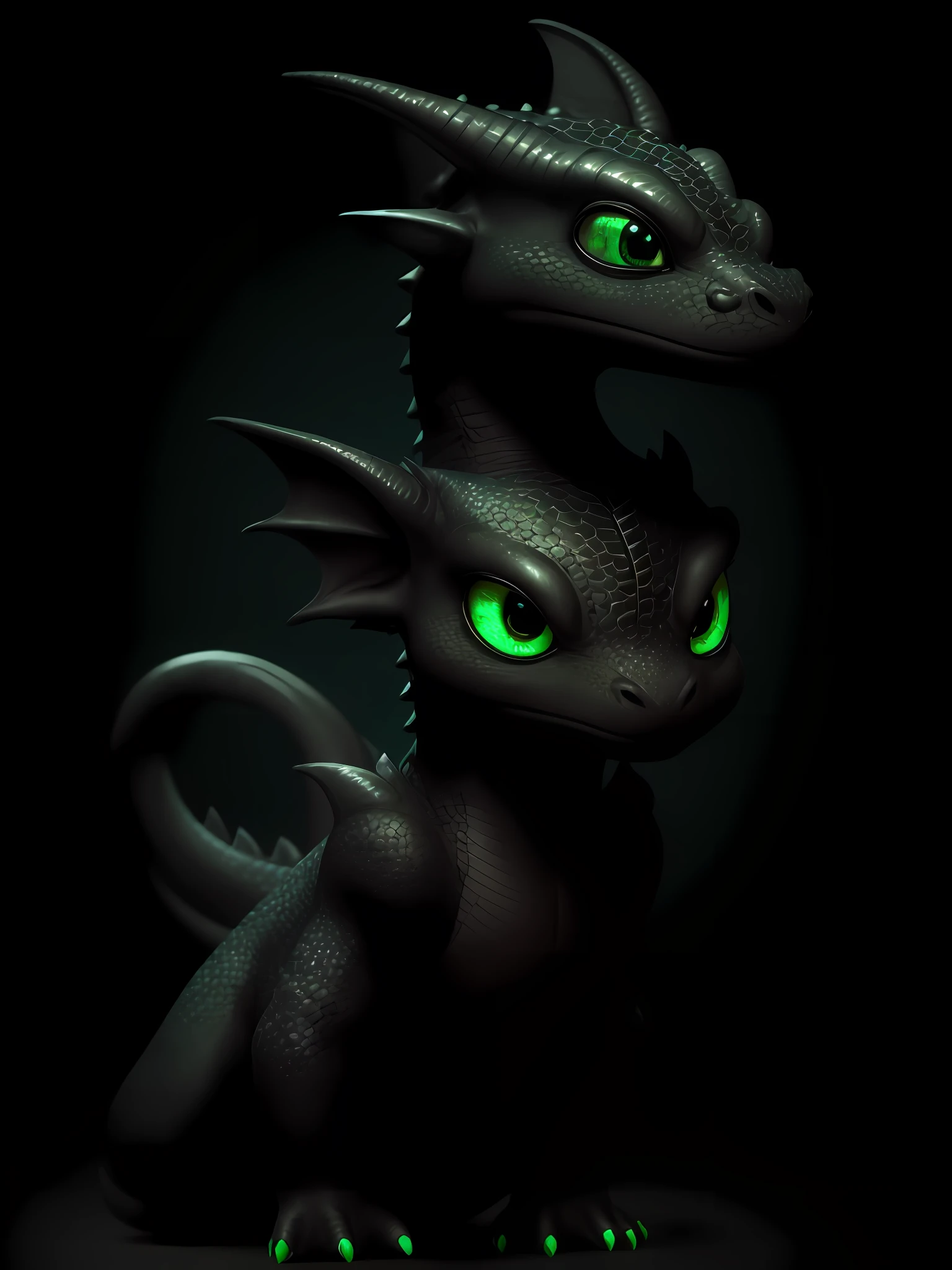  dragon, cute two wide vibrant green eyes, love, tenderness, four legs, detailed realistic skin, dark black skin, detailed eye, dark leather body, smooth head, realistic lighting, wide head but smaller height, black body, two round black ears, how to train your dragon, standing, realistic body
