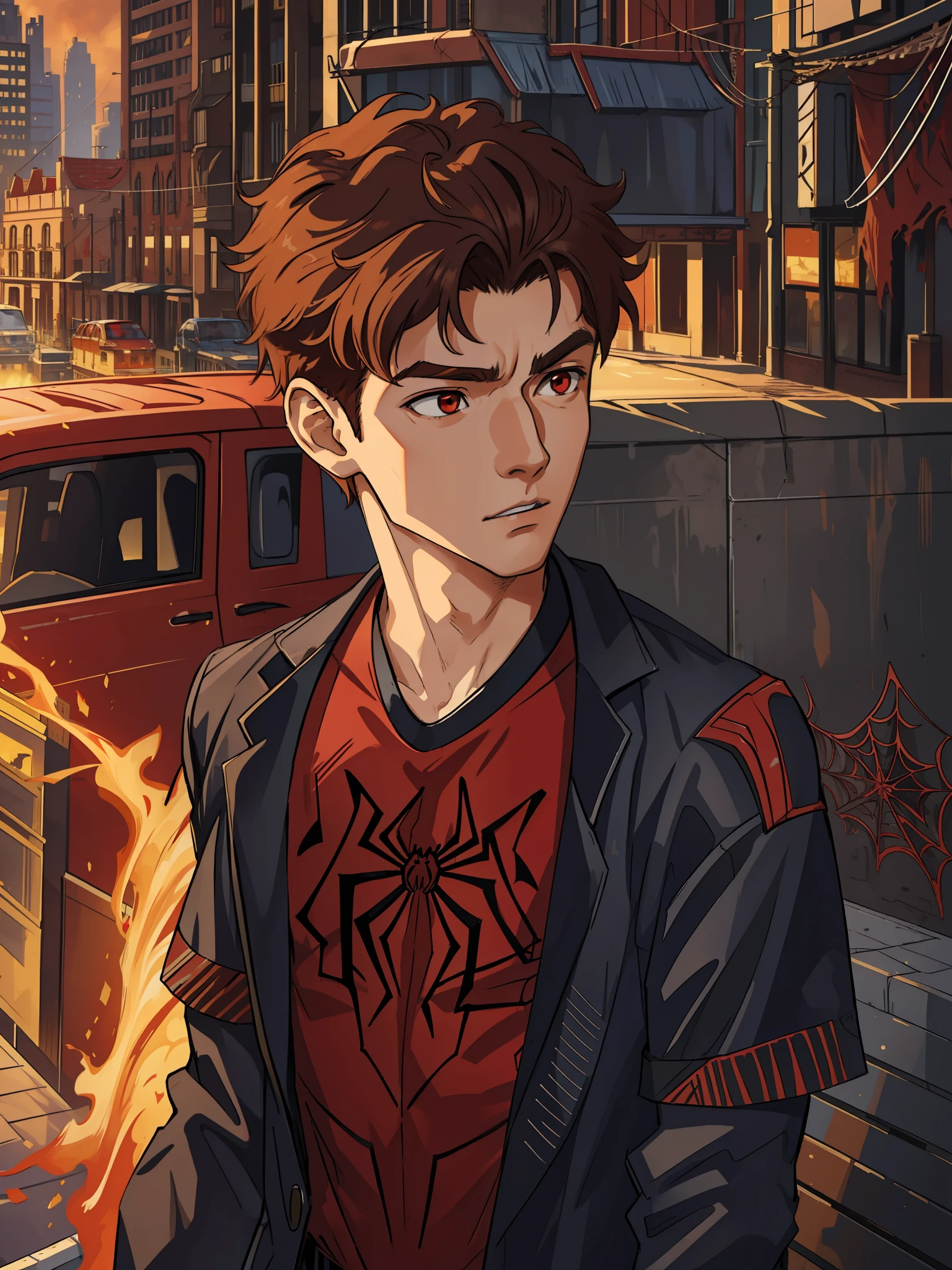 (masterpiece, best quality), intricate details, 8k, artstation, wallpaper, official art, splash art, sharp focus,
hair split in half, red eyes, brown hair,
spider suit, spider web printing, spider web,
skyscrapers, city, buildings, cars, street, focus boy, boy