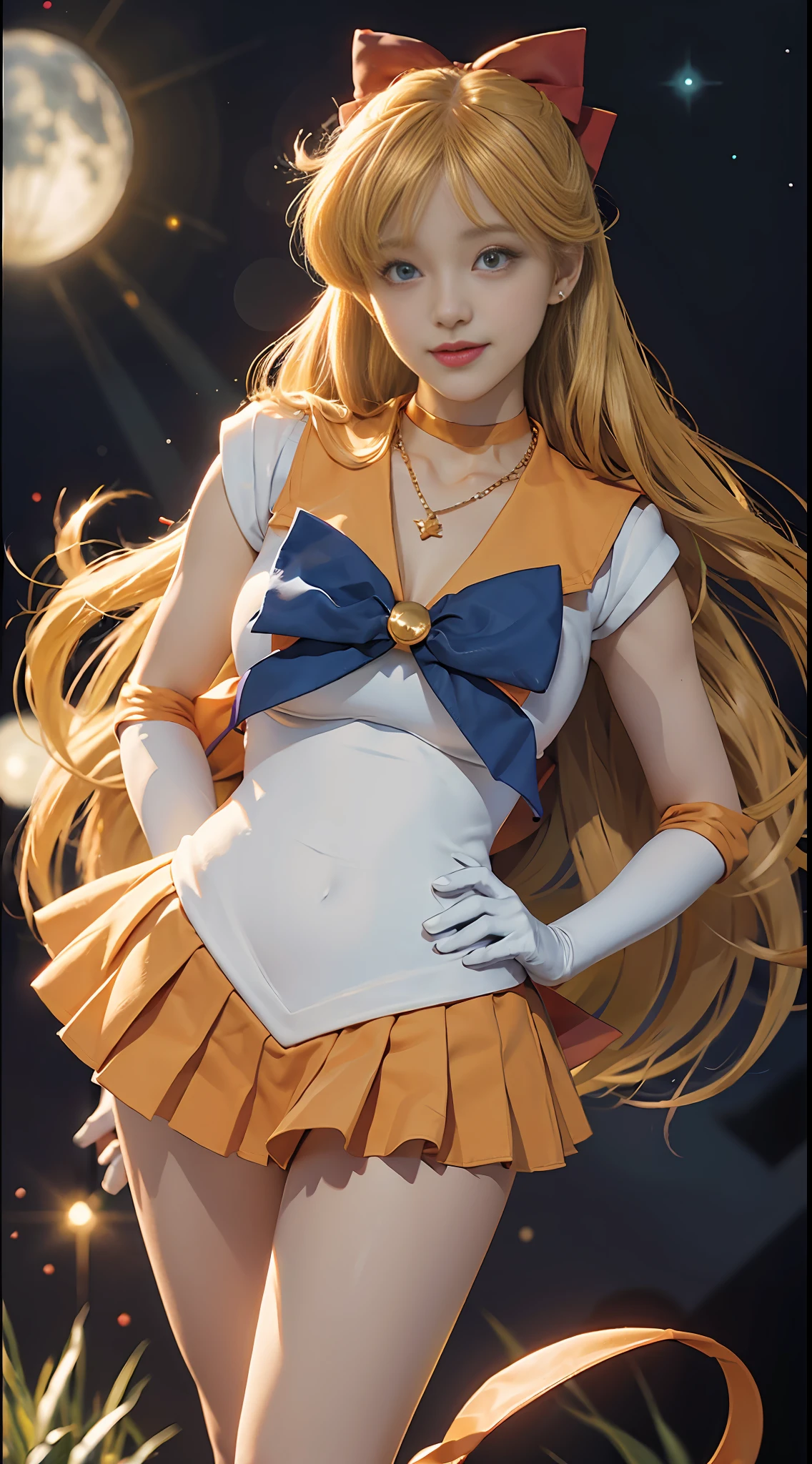 (sailor venus Aino Minako) Best Quality, Ultra High Resolution, Masterpiece, (Realisticity: 1.6), 16K,, Full Body Shot, Life Scene, Masterpiece, Best Quality, High Resolution, Venus 1, 1 Girl, Solo, Sailor Chiseki Uniform, Sailor Venus, Minako Aino, Blonde, Magical Girl, Blue Eyes, Orange Skirt, Elbow Gloves, Headwear, Pleated Skirt, Hair Bow, Orange Sailor Collar, Miniskirt, Necklace, Red Bow, Orange Necklace, White Glove, Long hair, jewelry, earrings, hands on hips, bent over, leaning forward, smiling, mouth open