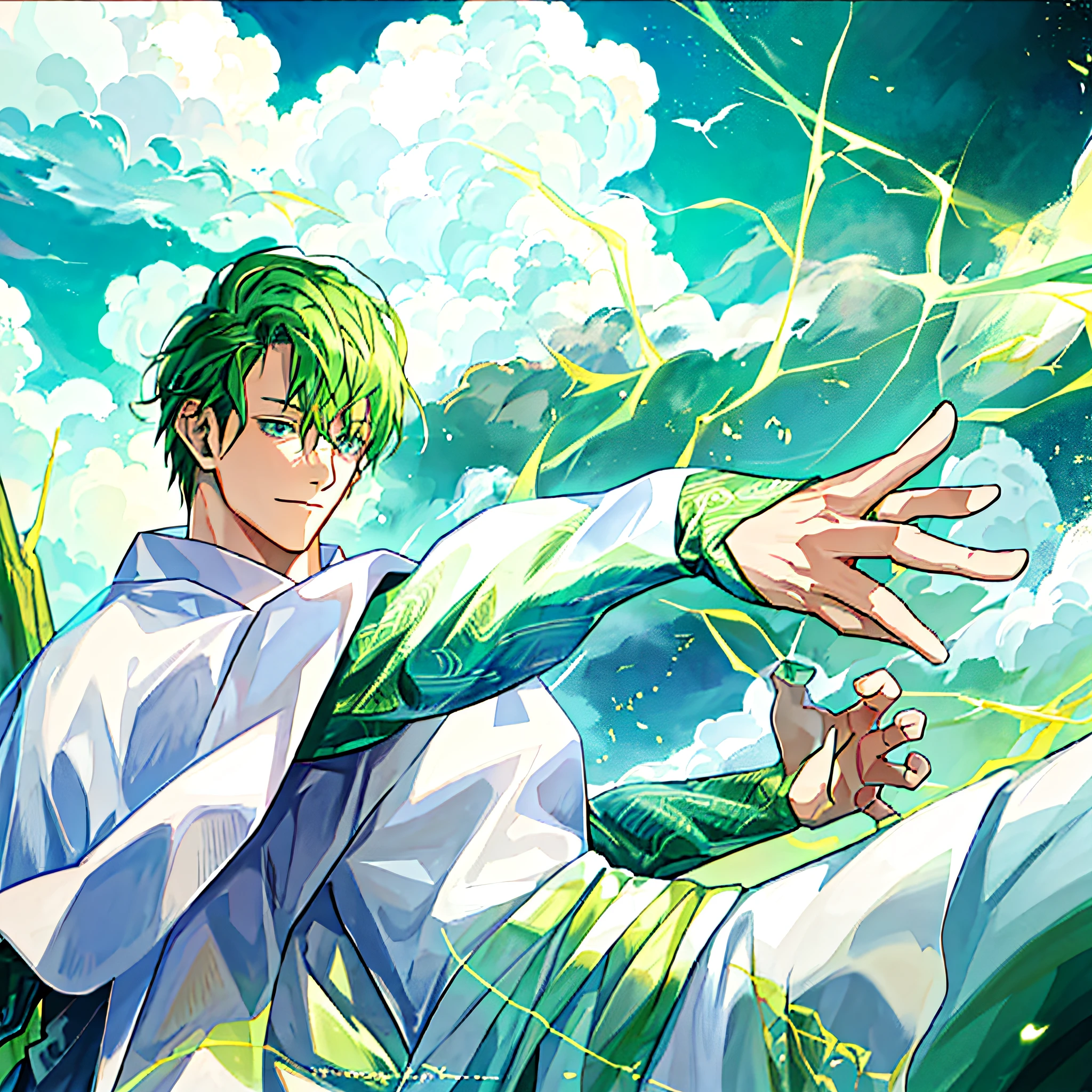 Anime image of a man with green hair, Kentaro Miura!, Kentaro Miura art style, Kentaro Miura manga art style, green skin!!, the wind behind him, Kentaro Miura manga style inspired by Unichi Hiratsuka, green aura, Kojiki, Japan tradition, god, manipulating the wind, wind god