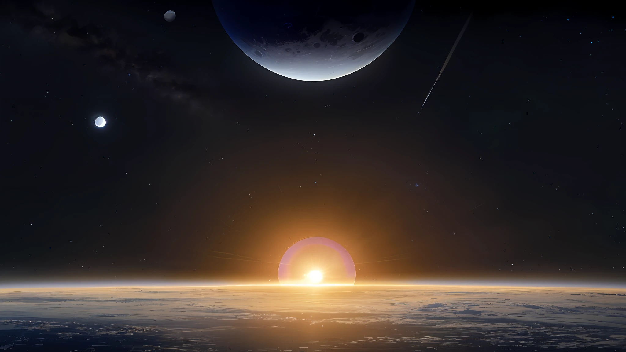 arafed view of a planet with a moon and a star in the background, sunset on distant machine planet, planet in space over the horizon, ringed planet in the sky, planet with rings, interstellar space setting, with two suns in the sky, ocean on alien planet titan, large planets in the background, photo of a dyson sphere, background in space, spaceengine