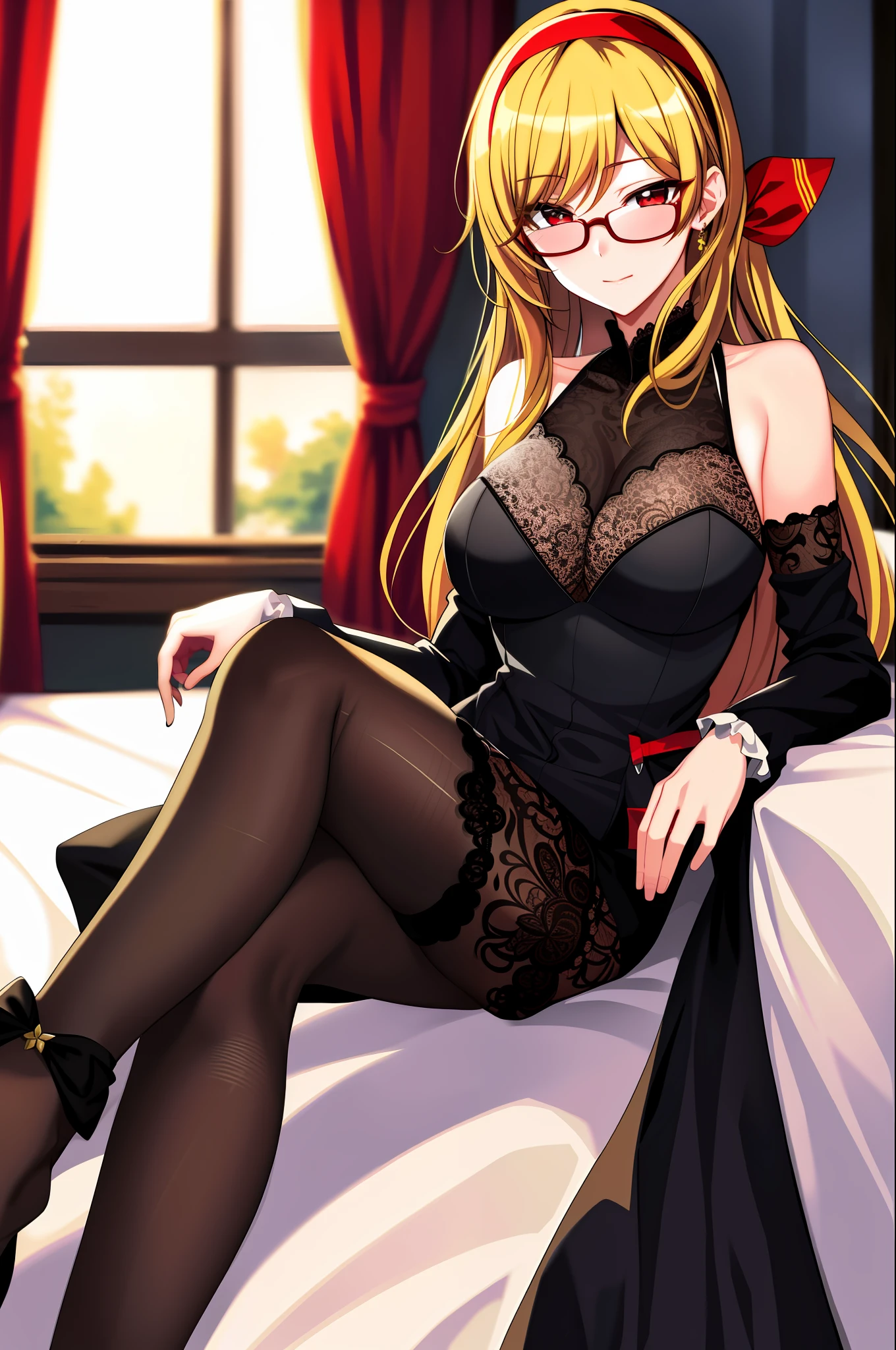 2d, masterpiece, best quality, anime, highly detailed face, highly detailed eyes, highly detailed background, perfect lighting, 1girl, solo, kaela kovalskia, eyewear on head, red hairband, large breasts, blush, sexy pose, lace lingerie, black dress, sitting, bed, bedroom, window,