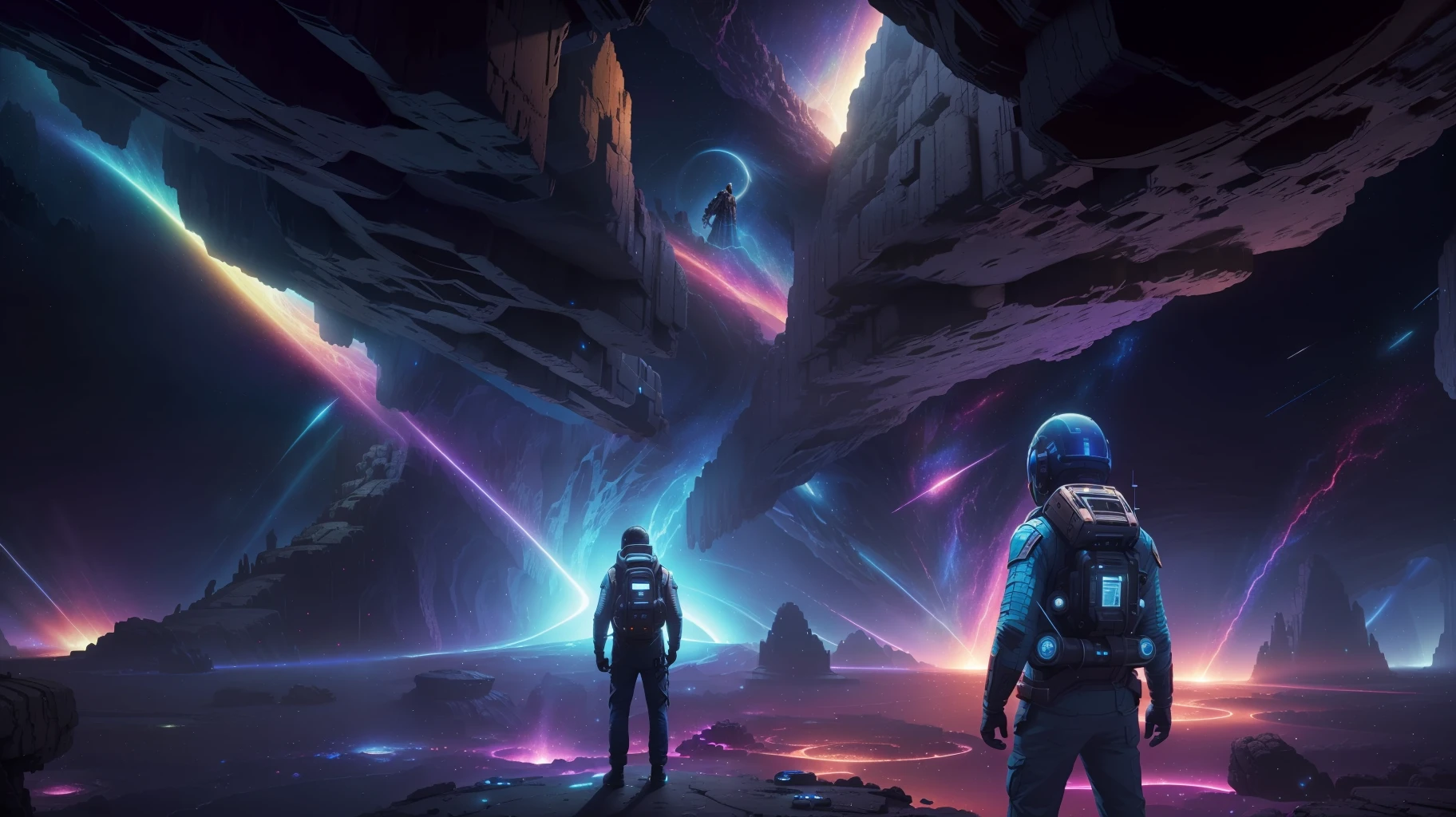a man standing in a cave looking at a colorful galaxy, epic fantasy sci fi illustration, looking out into space, sci-fi digital art illustration, beeple and mike winkelmann, beeple |, beeple masterpiece, by Beeple, surreal space, artgem and beeple masterpiece, beeple daily art, beeple artwork