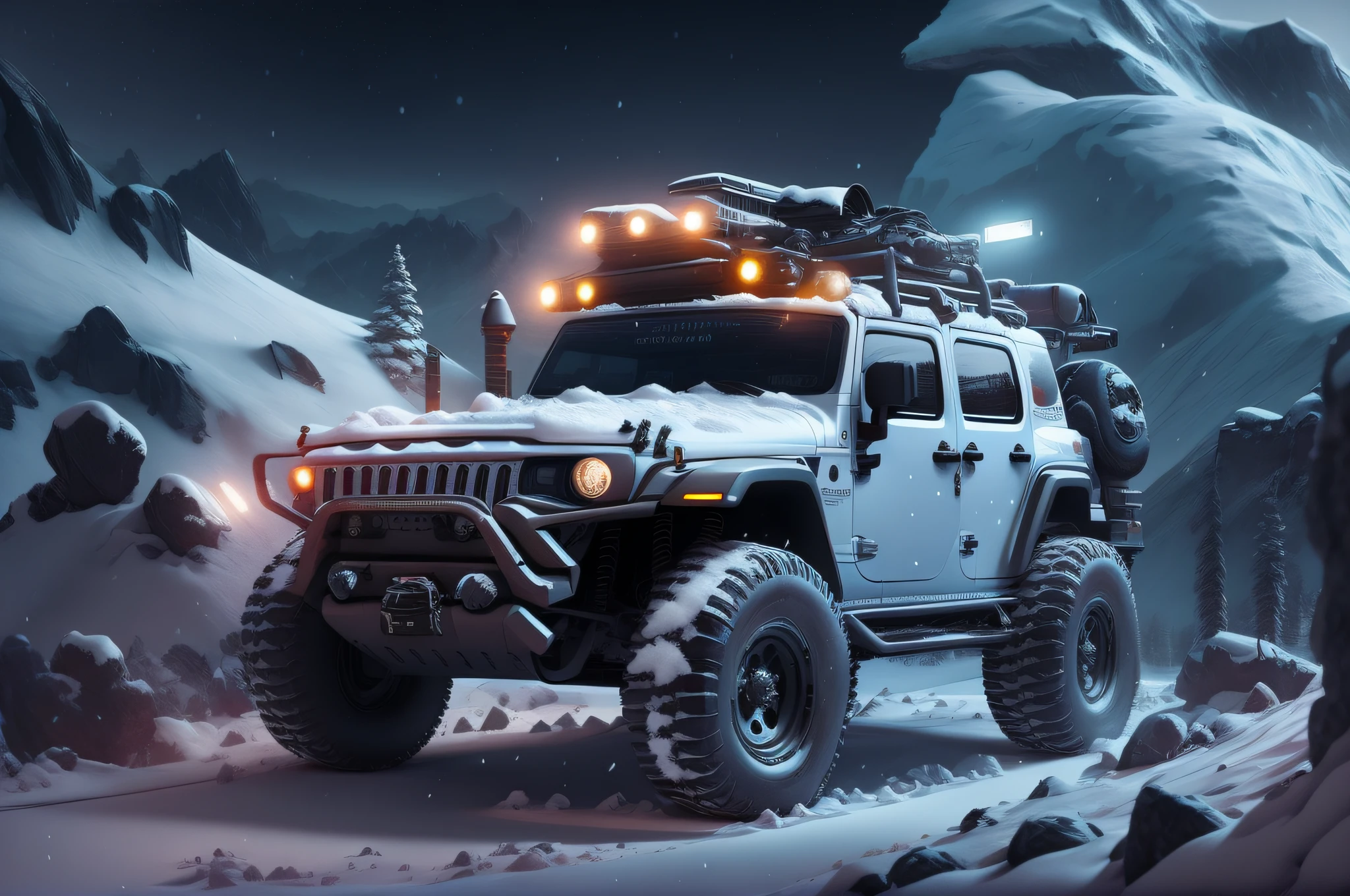 there is a large truck with lights on driving through the snow, adventure hyper realistic render, off - road, vehicle illustration, in the art style of filip hodas, trending on vehicle design, off-roading, vehicle photography, ultra realistic illustration, vehicle concept photo!!, heavy winter aesthetics, highly realistic concept art, jeep, inspired by Filip Hodas --auto --s2