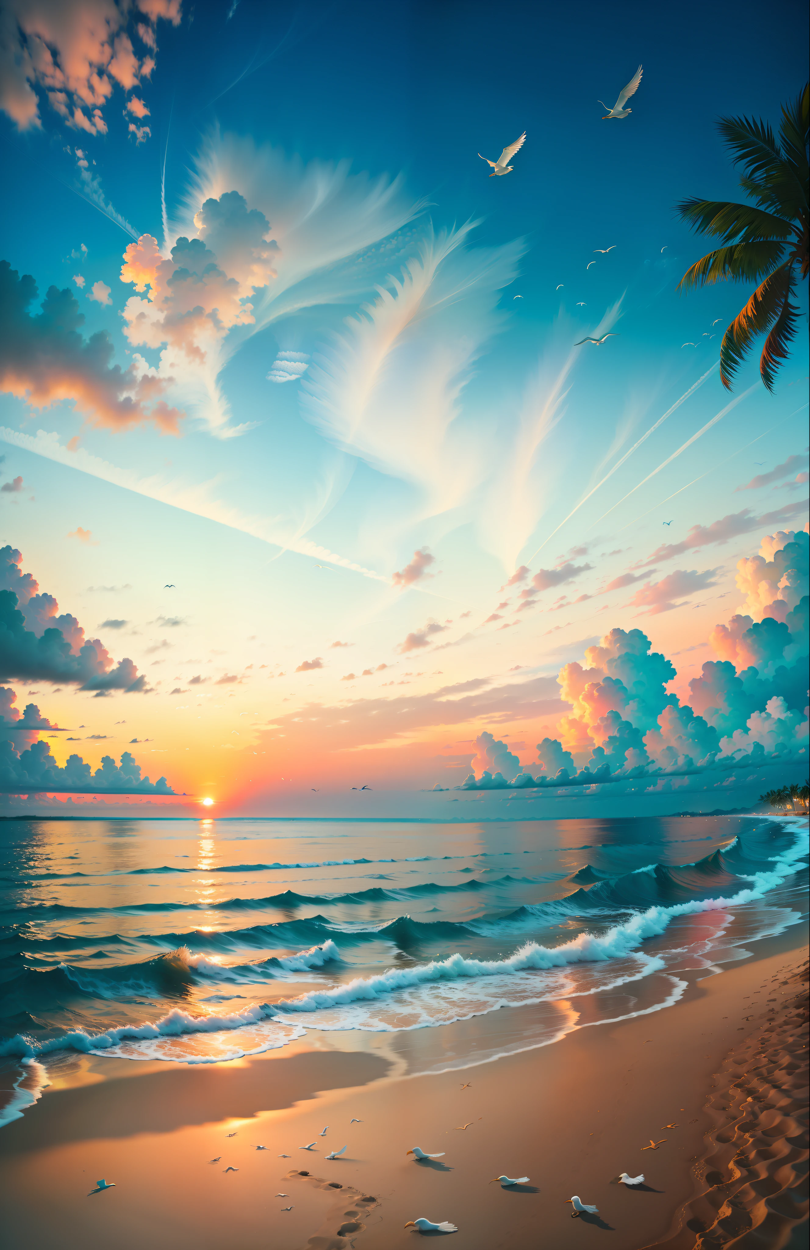 ((Best Quality)), ((Masterpiece)), (Details: 1.4), absolutely mesmerizing sunsets on the beach with a mix of orange, pink and yellow in the sky. The water is crystal clear, gently kissing the shore, and the white sand beach stretches as far as the eye can see. The scene is dynamic and breathtaking, with seagulls soaring high in the sky and palm trees gently swaying. Soak up the calming atmosphere and let tranquility envelop you, Perfect Proportions, Octane Render, Bicolor Light, Large Aperture, Low ISO, White Balance, Rule of Thirds, 8K RAW, PBR Texture, Post Processing, Anisotropy Filtering, Depth of Field, Maximum Clarity and Clarity,