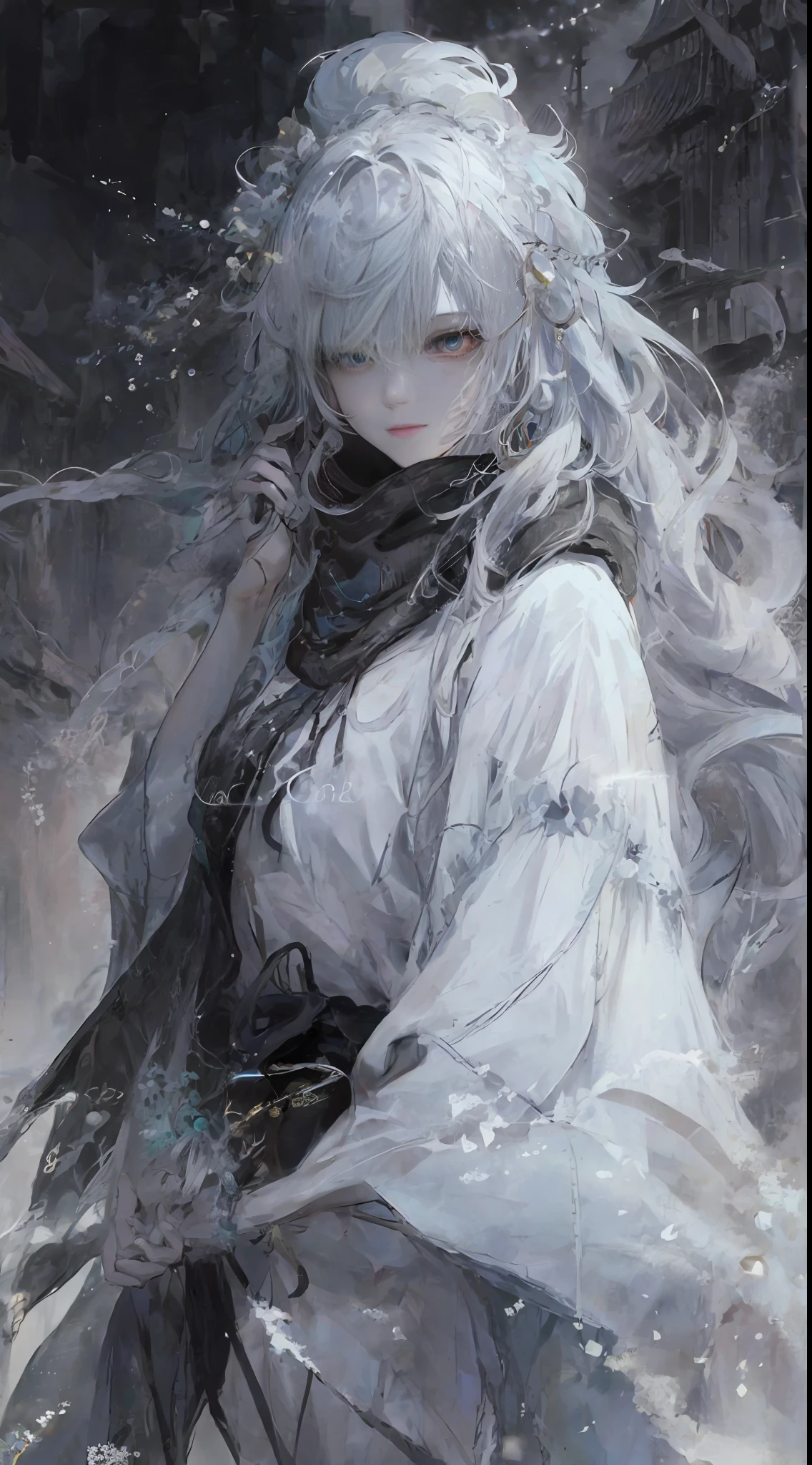 a close up of a woman with a white hair and a black scarf, a character portrait by Yang J, pixiv contest winner, fantasy art, white haired deity, beautiful character painting, artwork in the style of guweiz, the piercing stare of yuki onna, guweiz, with white long hair, with long white hair, flowing hair and long robes