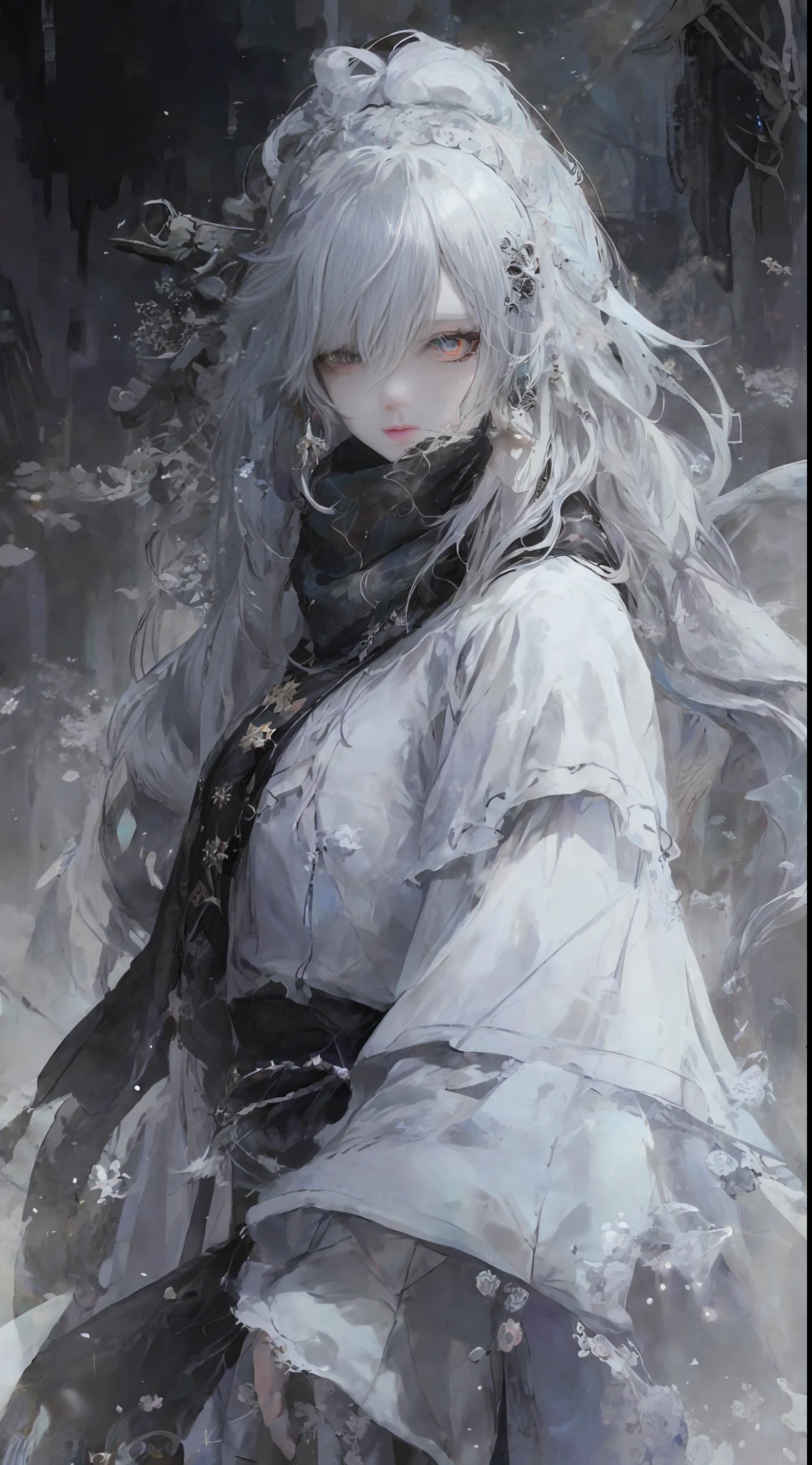 a close up of a woman with a white hair and a black scarf, a character portrait by Yang J, pixiv contest winner, fantasy art, white haired deity, beautiful character painting, artwork in the style of guweiz, the piercing stare of yuki onna, guweiz, with white long hair, with long white hair, flowing hair and long robes