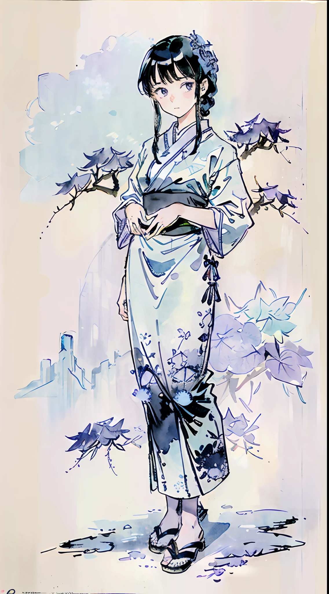 (light blue and light purple, blank space:1.2), masterpiece, best quality, absurdres, HDR, 1girl, full body, traditional sandals, (shrubs of hydrangea:1.2), detailed eyes and face, realistic pupils, simple background, pitch black hair, watercolor, ink wash, Gao Jianfu