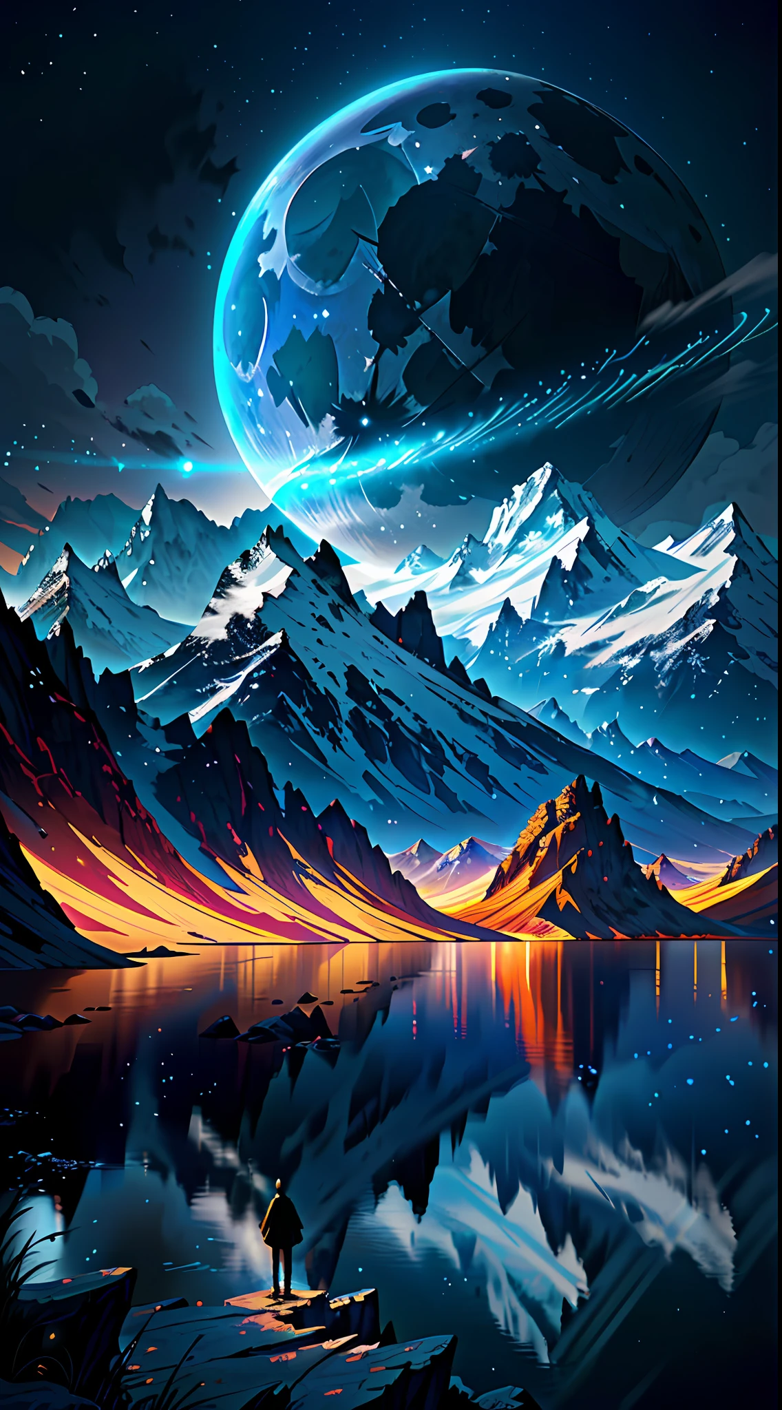 mountains and a lake with a moon in the sky, 4k highly detailed digital art, 4 k hd wallpaper very detailed, impressive fantasy landscape, sci-fi fantasy desktop wallpaper, unreal engine 4k wallpaper, 4k detailed digital art, sci-fi fantasy wallpaper, epic dreamlike fantasy landscape, 4k hd matte digital painting, 8k stunning artwork