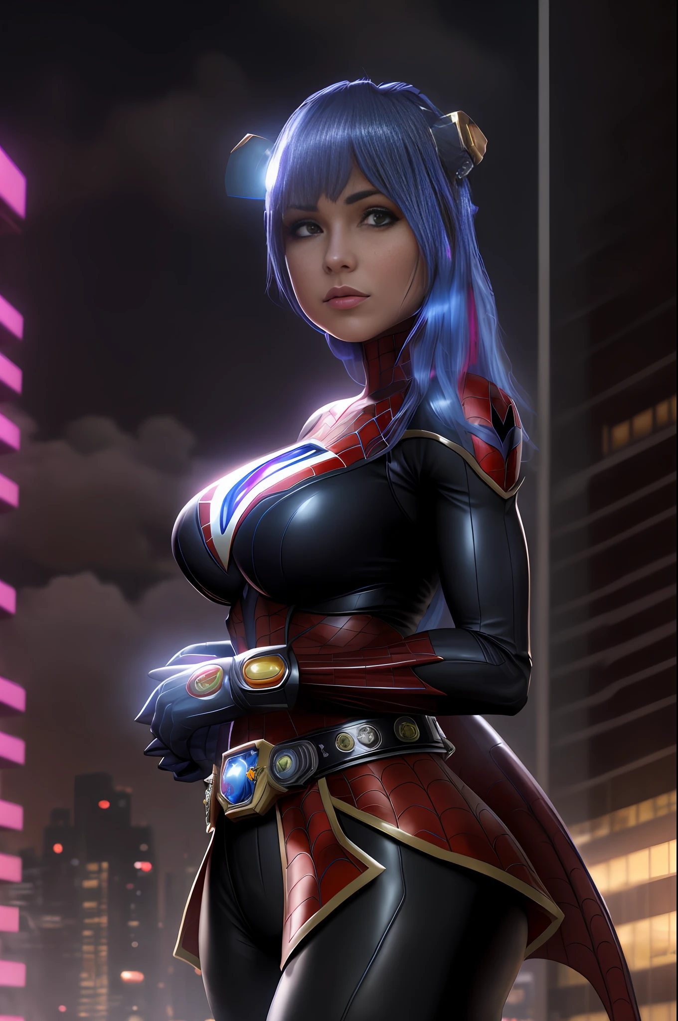 ((character centered in image)), Image with full resolution/quality/sharpness/, Unreal Engine 5/Power Rangers/Tokusatsu/Mortal Kombat/Super Metroid, Cartoon/Disney/Dragon ball/Style, ((1/Woman/big breasts1/helmet/belt/Mega Man-X/Kamen Rider/Spiderman)), mohawk long hair, looking at the viewer, pose, City at night shower strongly.