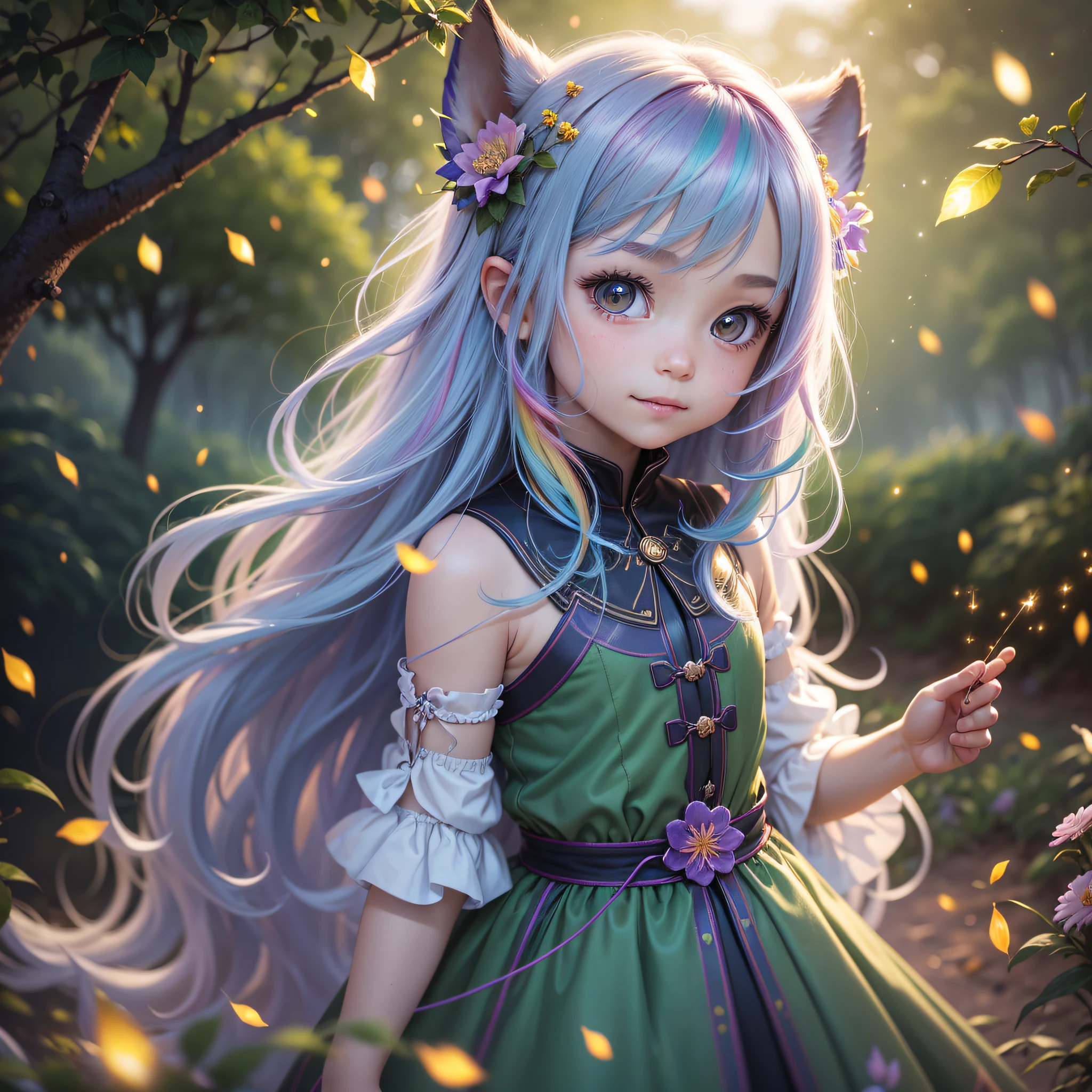 real , human, blurry foreground, close-up, bokeh, f/1.2, cinematic lighting, Mannerism, textured skin, UHD, masterpiece, retina, highres, award winning, best quality, high details, super detail, Night time, night light. a Chibi from Sky: Children of Light, vibrant warm smile, white nice teeth, long strand rainbow color hair, featuring vibrant colors and whimsical details, evoking a sense of wonder and magic. The color temperature is cool, very dark nighttime, standing in a herd of glowing beautiful fireflies that are lighting her up, while the Chibi wears a joyful expression. Soft lighting accentuates the character's charm and innocence. --v 5 --stylize 1000, fireflies, dynamic lighting, park, flowers, green grass, cute frock, glowing particles, glowing fireflies, dreamlike, dreamworks , magical world, --auto --s2