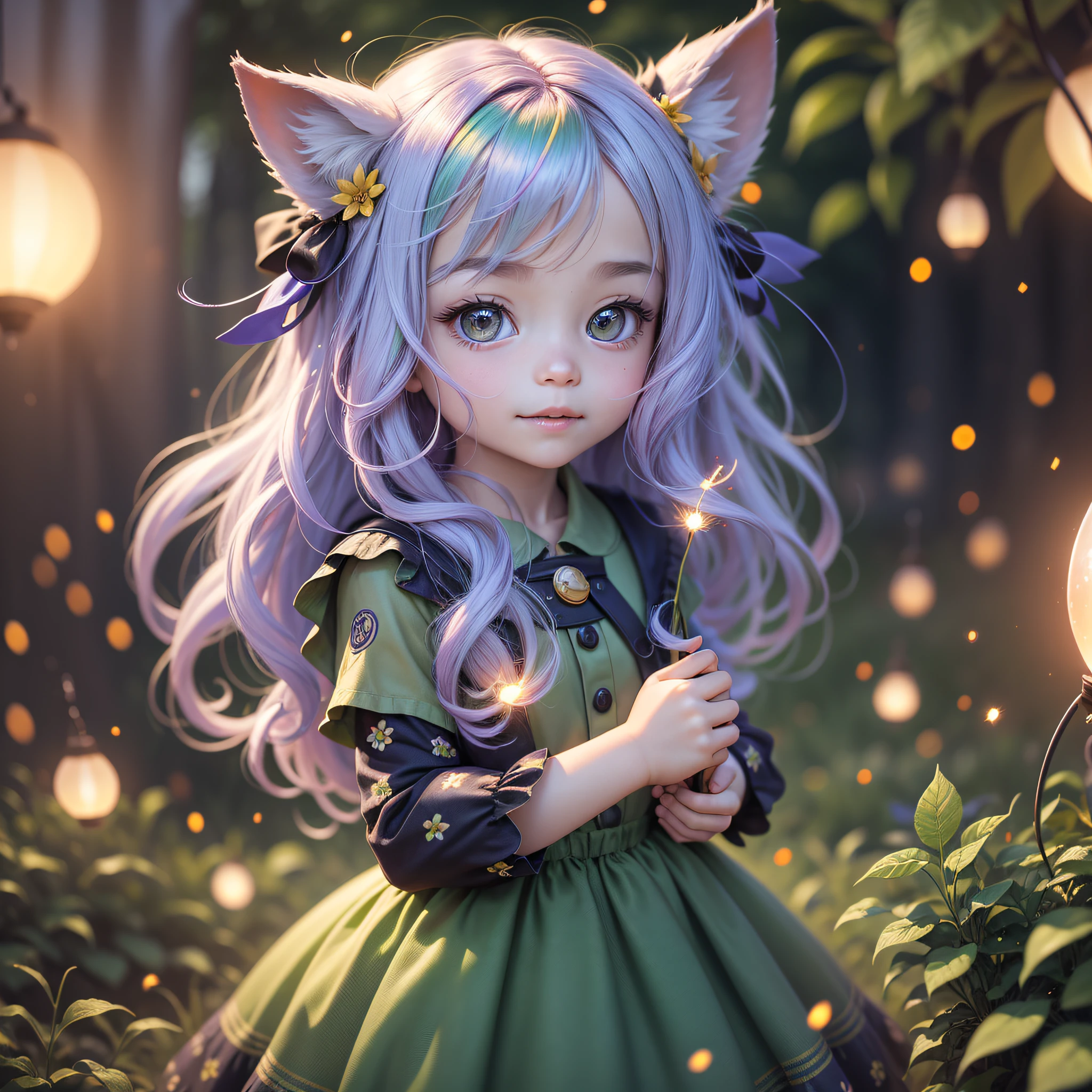 real ???, human, blurry foreground, close-up, bokeh, f/1.2, cinematic lighting, Mannerism, textured skin, UHD, masterpiece, retina, highres, award winning, best quality, high details, super detail, Night time, night light. a Chibi from Sky: Children of Light, vibrant warm smile, white nice teeth, long strand rainbow color hair, featuring vibrant colors and whimsical details, evoking a sense of wonder and magic. The color temperature is cool, very dark nighttime, standing in a herd of glowing beautiful fireflies that are lighting her up, while the Chibi wears a joyful expression. Soft lighting accentuates the character's charm and innocence. --v 5 --stylize 1000, fireflies, dynamic lighting, park, flowers, green grass, cute frock, glowing particles, glowing fireflies, dreamlike, dreamworks , magical world, --auto --s2