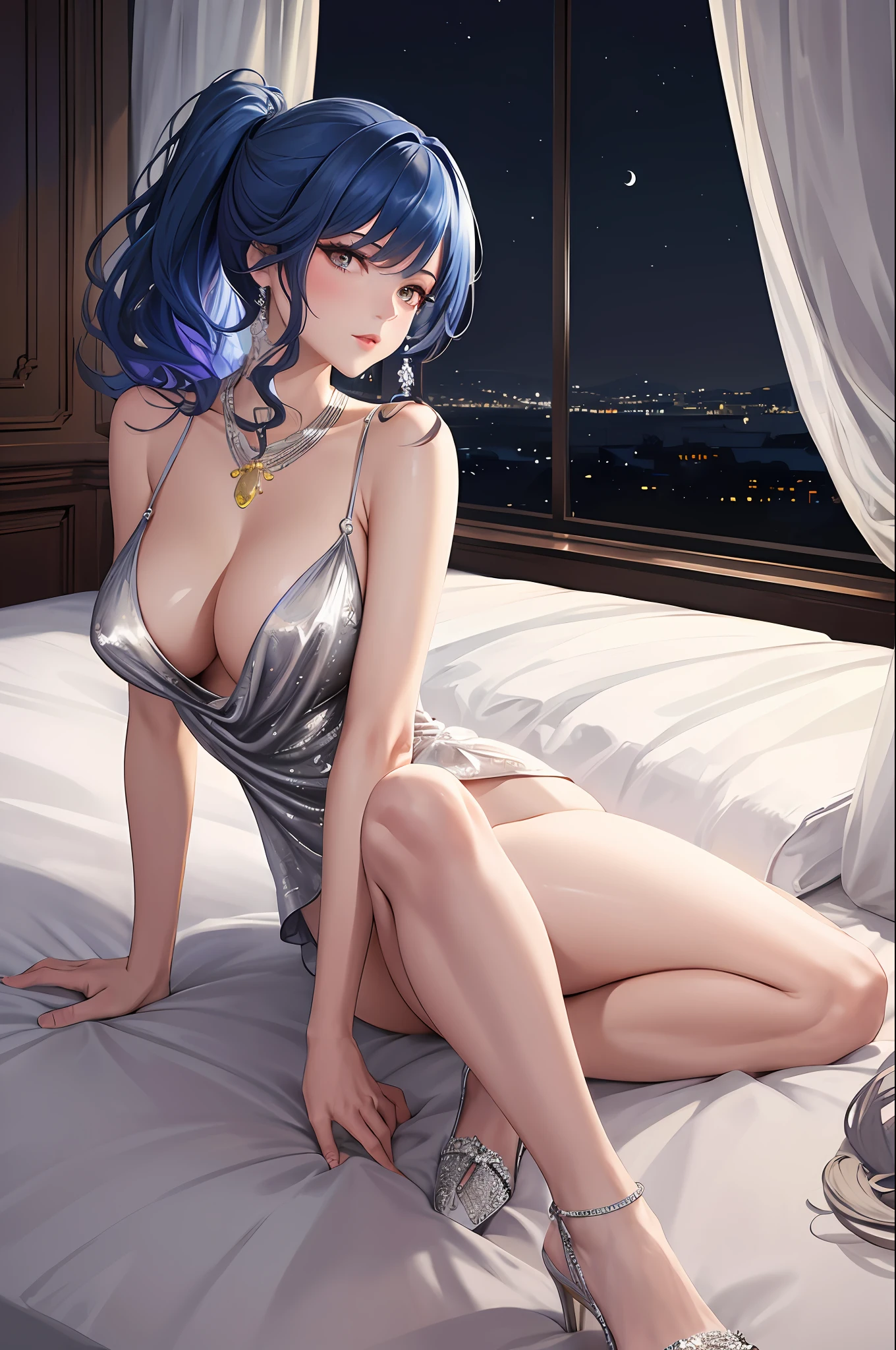 ((masterpiece, best quality)),
St. Louis \ (luxury wheels) \ (Azure Lane), high resolution, highest quality, illustration, cinematic light, ultra detailed, detailed face, (detailed eyes), best quality, super detailed, masterpiece, (detailed face), room, hair accessory, earrings, necklace, portrait, silver dress, revealing clothes, highest detail, glowing eyes, (hotel:1.2), sitting on bed, sitting, bed, window, night sky, backlight, light, (high contrast), (colored), transparent panties, open thighs, Black fishnet stockings, high heels, seductive sitting, squatting position,