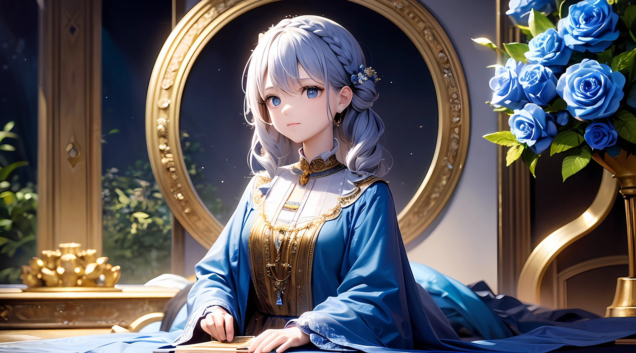 The artwork features a young girl opening a (giant treasure box) filled with (blue roses). She has a look of wonder on her face, as if she has just discovered something magical. The lighting is warm and soft, with a hint of sunlight or candlelight. She wears a simple dress or tunic, and her hair is tied back in a loose braid. The treasure box is ornate and surrounded by other treasures, such as jewels, gold coins, and other trinkets. The blue roses spill out of the box, creating a beautiful and enchanting scene. The background is a mix of lush vegetation and a hint of a medieval castle or church, suggesting a time and place where such treasures were highly valued. The overall effect is a whimsical and dreamy image that captures the beauty and (magic) of a treasure trove with prism lights.