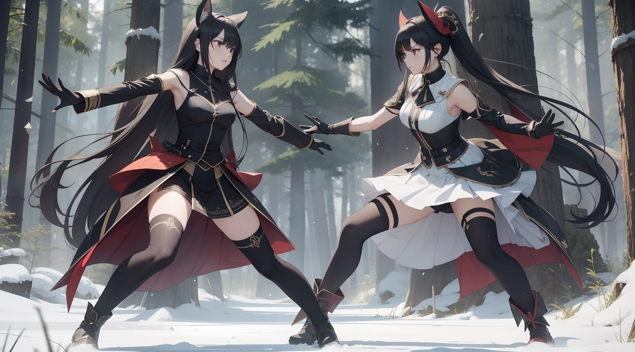 Full body shot from head to feet of Asobimo characters. Two different female character, same size, engaged in close combat duel, clashing with their short sword, not looking, eyes to opponent, beautiful and serious expression. The fight is intense and deadly, as one of them is defeated. The victor looks resolute and determined to end the match. Both characters have different long hairstyle, wear short sleeveless dress with long gloves. The short skirt is also a prominent feature of their attire, complemented by black thigh highs stockings. The background set in a deep forest.