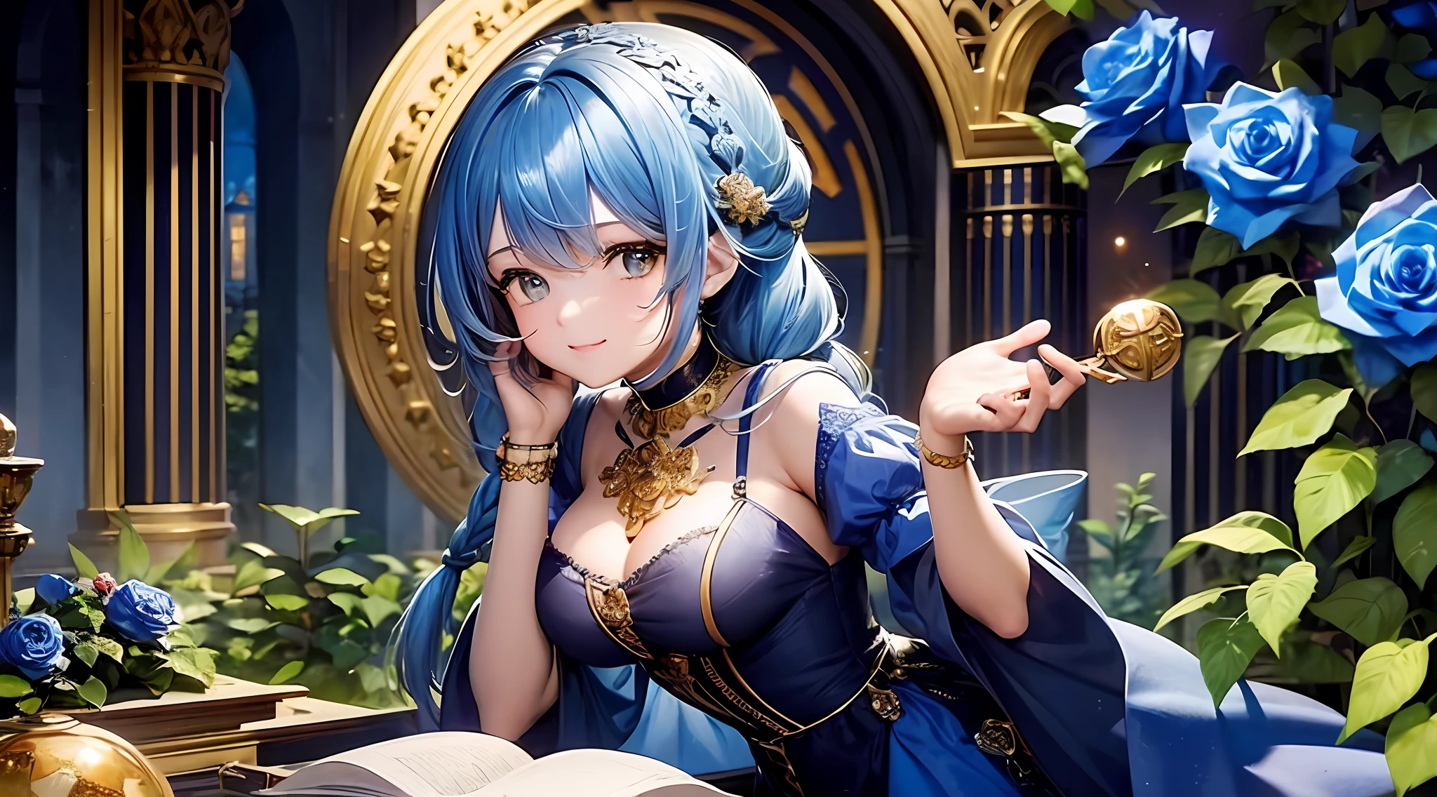 The artwork features a young girl opening a (giant treasure box) filled with (blue roses). She has a look of wonder on her face, as if she has just discovered something magical. The lighting is warm and soft, with a hint of sunlight or candlelight. She wears a simple dress or tunic, and her hair is tied back in a loose braid. The treasure box is ornate and surrounded by other treasures, such as jewels, gold coins, and other trinkets. The blue roses spill out of the box, creating a beautiful and enchanting scene. The background is a mix of lush vegetation and a hint of a medieval castle or church, suggesting a time and place where such treasures were highly valued. The overall effect is a whimsical and dreamy image that captures the beauty and (magic) of a treasure trove with prism lights.