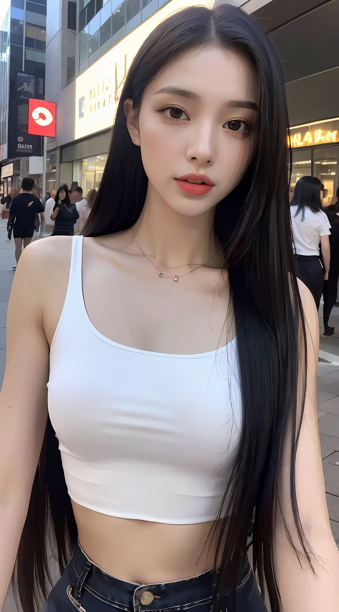((Realistic lighting, Best quality, 8K, Masterpiece: 1.3)), Clear focus: 1.2, 1girl, Perfect Figure: 1.4, Slim Abs: 1.1, ((long black hair)), (White crop top: 1.4), (Outdoor, Night: 1.1), City streets, Super fine face, Fine eyes, Double eyelids,