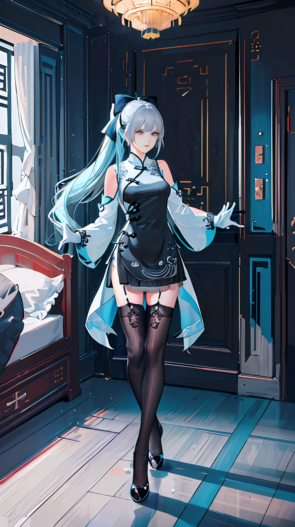 (((1 girl)),ray tracing,(dim lighting),[detailed background (bedroom)),((silver hair)),((black hair)),(shaggy black hair, plump slender girl)) with high ponytail)))) in the stairs avoiding blonde eyes ((((girl wearing intricate embroidered cyan cheongsam with black stockings) and white ruffled bow gloves), showing a delicate slender figure and graceful curves, correct limbs
