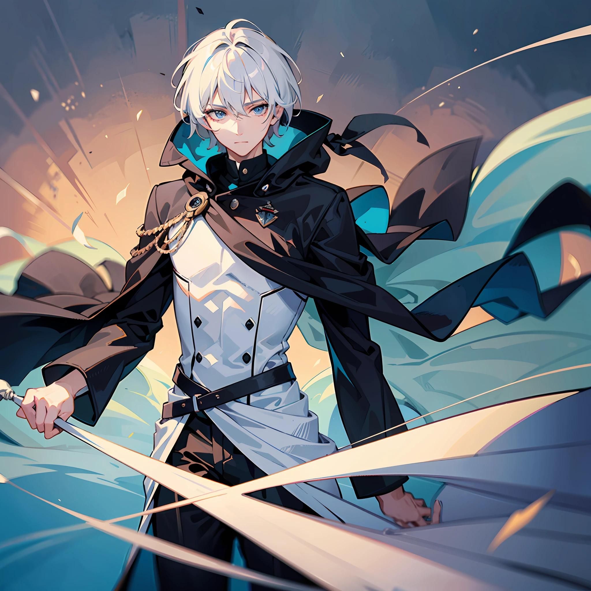 Create an image of a 19-year-old adult man with dignified and charismatic gray short hair. His hair can be styled in a more natural way, perhaps partially tied or gently flowing in the wind. His eyes are black, conveying firmness and wisdom. He wears clothing that portrays a knightly vibe, although he is currently not on duty. The attire he wears is all-black, with a flowing cloak behind him, reflecting elegance and mystery.