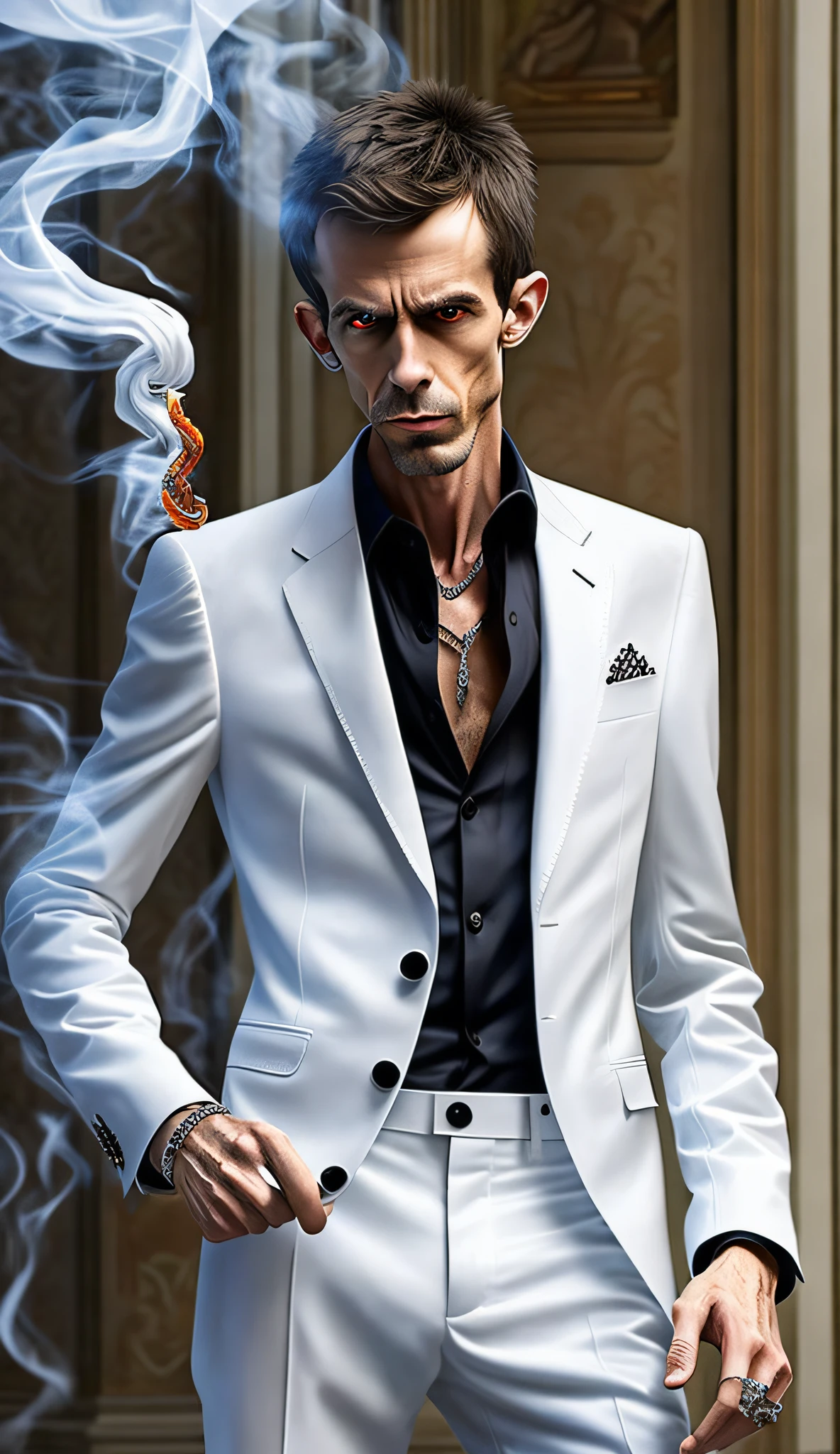 scrawny skinny hideous ugly evil sick-looking cocaine-addicted white male art critic wearing an outrageous suit and smoking a cigarette --auto --s2