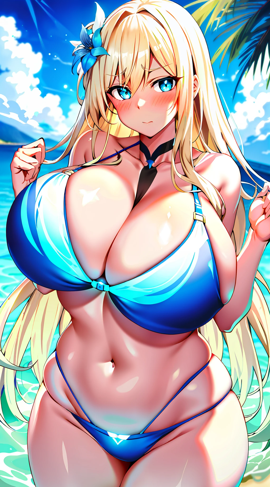 ((Colossal tits)) Big breasts Boobs (glowing blue eyes) Blonde White skin Long hair Bikini swimsuit Flower hair ornament (blush / puzzled face)