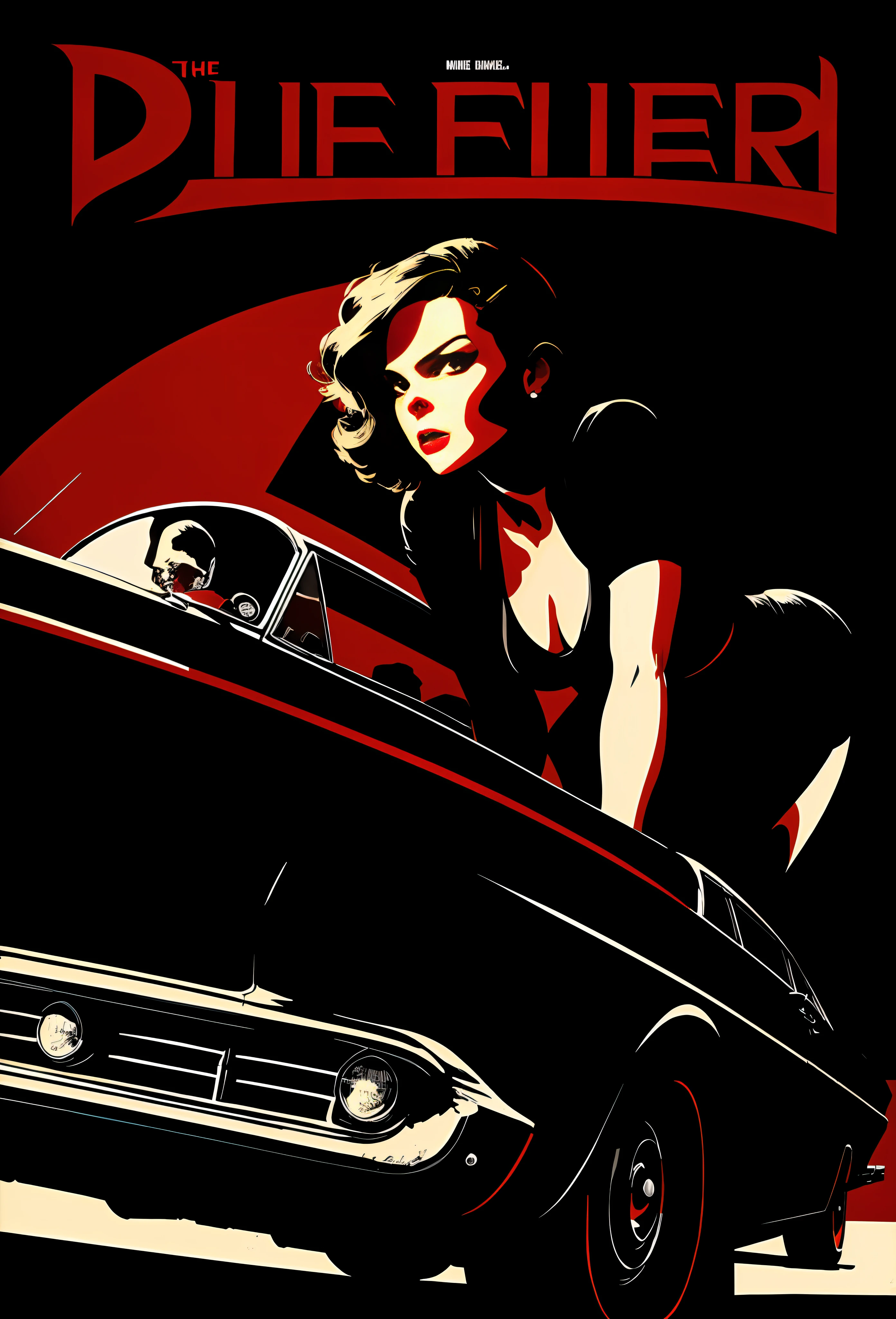 Painted Movie poster  from 1960 depicting a pulp movie called "the driver" starring michelle pfeiffer|aubrey plaza, (((driving a car))), (low angle shot), (camera looking up to the subject), minimalistic style, wide angle shot, (pulp style sketch), black|red colors, city background, monochrome, minimal, ((low details)), duo colors, two colors, (sketch by milton caniff), broad strokes, moody, (((cell shading style))), hard shadows, high contrast, (one light source from the left), face in half shadows, dramatic minimalistic sketch by milton caniff, full body shot, car, wide angle