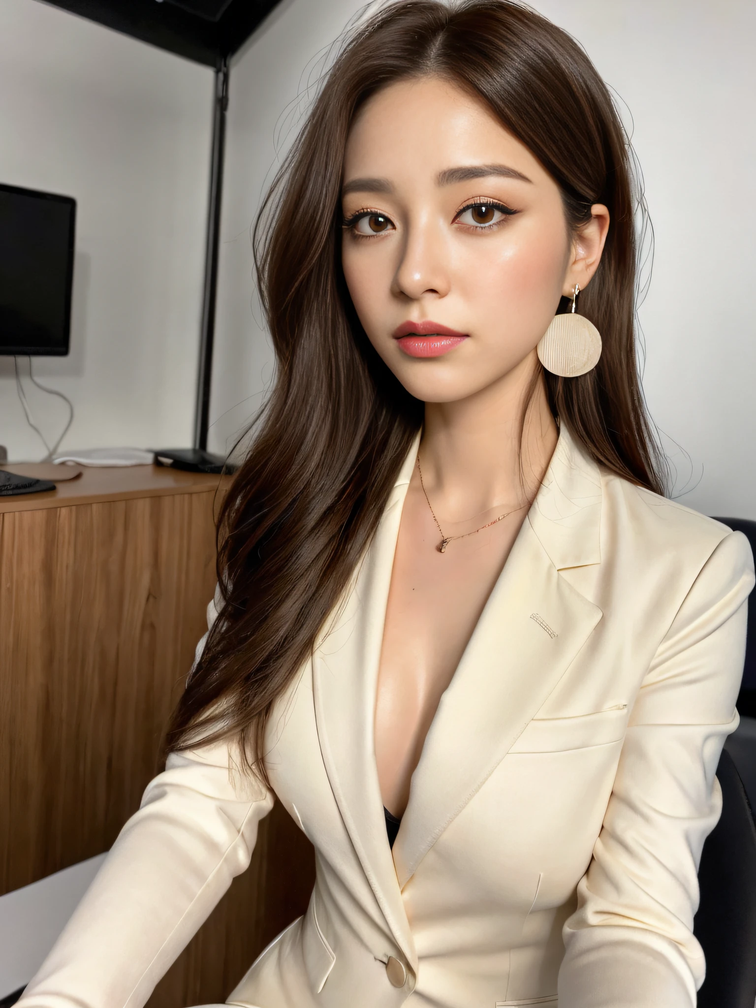 8K, RAW photos. Top quality, high quality, extreme detail photos, extreme detail eyes, super detail face, super detail hair, super detail body, (photography lighting: 1.3), 1girl, 32 years old, Korean woman, puffy eyes, big eyes, good shape eyes. Brown eyes, gorgeous hair, dark brown hair color, bob hair, good lips, small lips, (medium breasts: 1.3), good breasts, natural makeup, attractive poses, watch, necklace, earrings, white blazer, high heels, office
