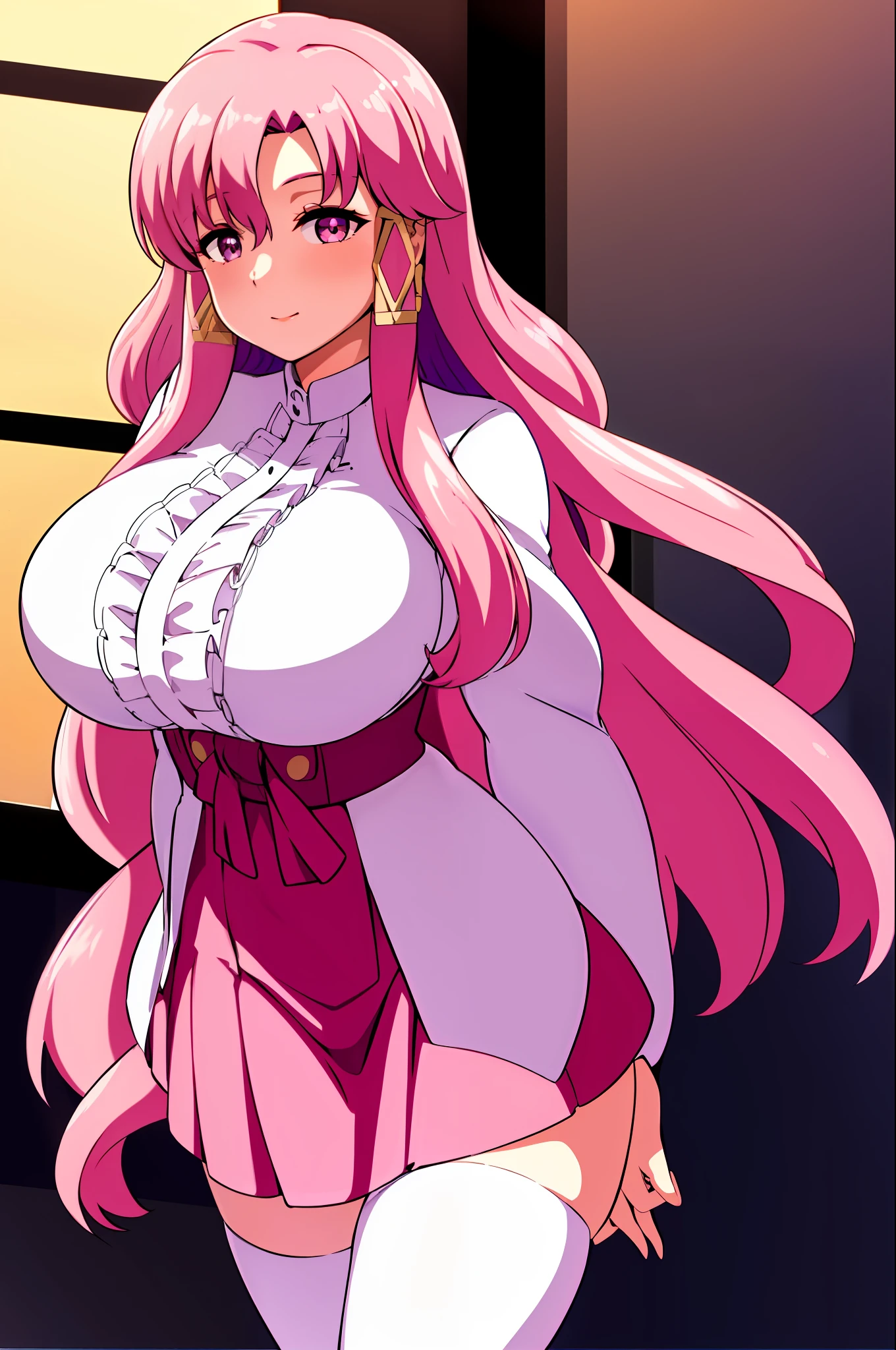 (Night:1.7), Japan, Tokyo, CityView, Before Window, at school,
Standing at attention,black_pantyhose,
long_sleeves,white shirt,
Purple_Long_Skirt,
pink_hair,long_hair,frills,pink_eyes,hair_tubes,
1 girl, 20yo,mature female,Beautiful Finger,Beautiful long legs,Beautiful body,Beautiful Nose,Beautiful character design, perfect eyes, perfect face,
looking at viewer, in the center of the image,
NSFW,official art,extremely detailed CG unity 8k wallpaper, perfect lighting,Colorful, Bright_Front_face_Lighting,
(masterpiece:1.0),(best_quality:1.0), ultra high res,4K,ultra-detailed,
photography, 8K, HDR, highres, absurdres:1.2, Kodak portra 400, film grain, blurry background, bokeh:1.2, lens flare, (vibrant_color:1.2)
(Beautiful,large_Breasts:1.4), (beautiful_face:1.5),(narrow_waist),
