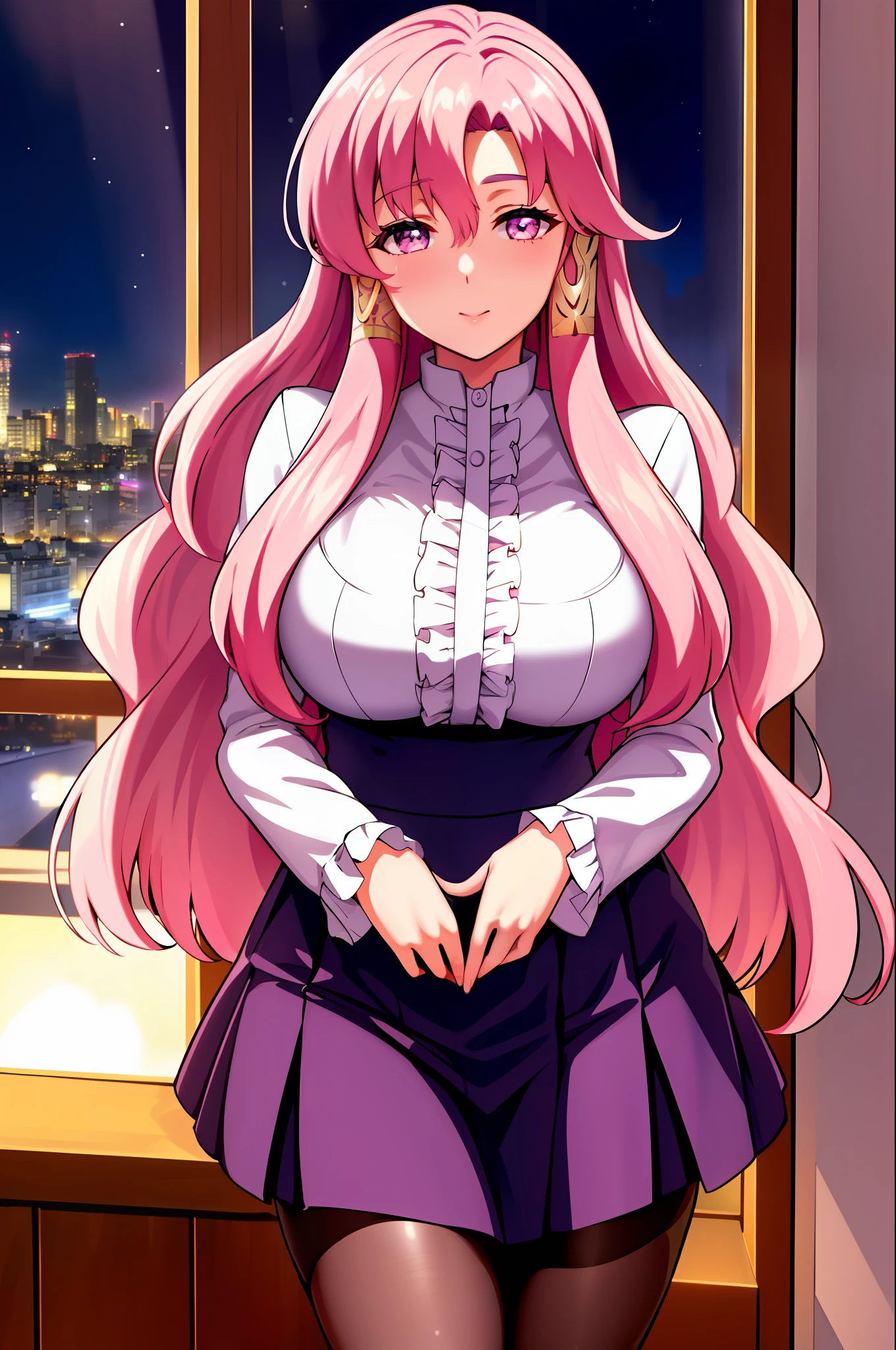 (Night:1.7), Japan, Tokyo, CityView, Before Window, at school,
Standing at attention,black_pantyhose,
long_sleeves,white shirt,
Purple_Long_Skirt,
pink_hair,long_hair,frills,pink_eyes,hair_tubes,
1 girl, 20yo,mature female,Beautiful Finger,Beautiful long legs,Beautiful body,Beautiful Nose,Beautiful character design, perfect eyes, perfect face,
looking at viewer, in the center of the image,
NSFW,official art,extremely detailed CG unity 8k wallpaper, perfect lighting,Colorful, Bright_Front_face_Lighting,
(masterpiece:1.0),(best_quality:1.0), ultra high res,4K,ultra-detailed,
photography, 8K, HDR, highres, absurdres:1.2, Kodak portra 400, film grain, blurry background, bokeh:1.2, lens flare, (vibrant_color:1.2)
(Beautiful,large_Breasts:1.4), (beautiful_face:1.5),(narrow_waist),