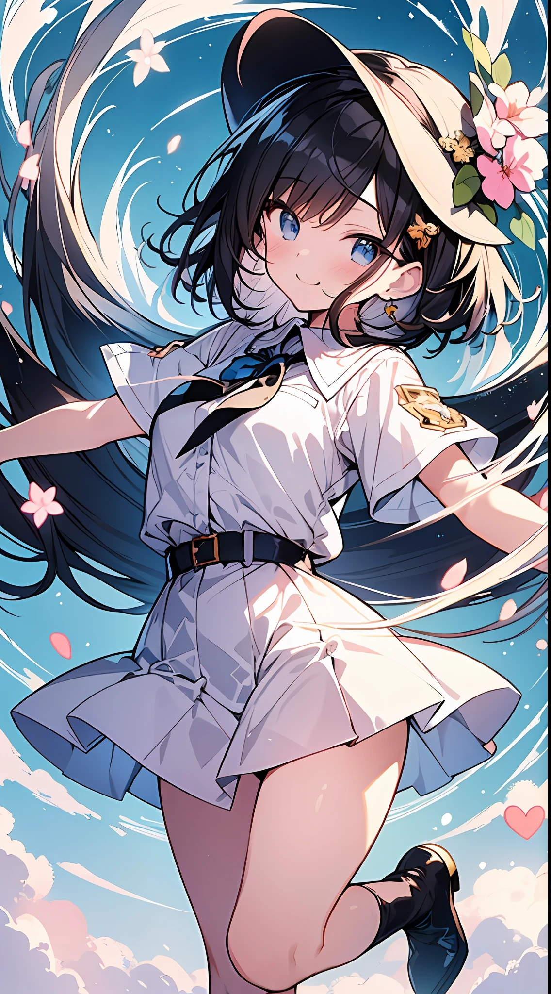 Top Quality, Masterpiece, High Resolution, 8k, Pastel Color, Anime Style Girl with Light Shirt and Skirt, Single Girl, Cute, Detailed Line Art, Bright White and Bright Amber Style, Frolic, Digital Enhancement, Close Up, Anime Core, Flowing Fabric, Hair length and short braids to the shoulders, Beautiful black hair, big smile, Full body angle