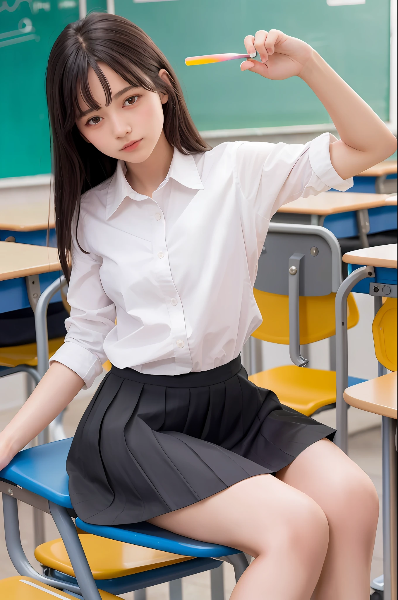 masterpiece, top quality, ultra high definition, colorful, flat color, depth of field, lens flare

1 girl, black hair, watching viewer, 18 years old, school, classroom, pleated mini skirt, school uniform, seravuk, detailed touch, detailed fabric texture, beautiful detailed face, whole body, from the ground, from behind, showing legs