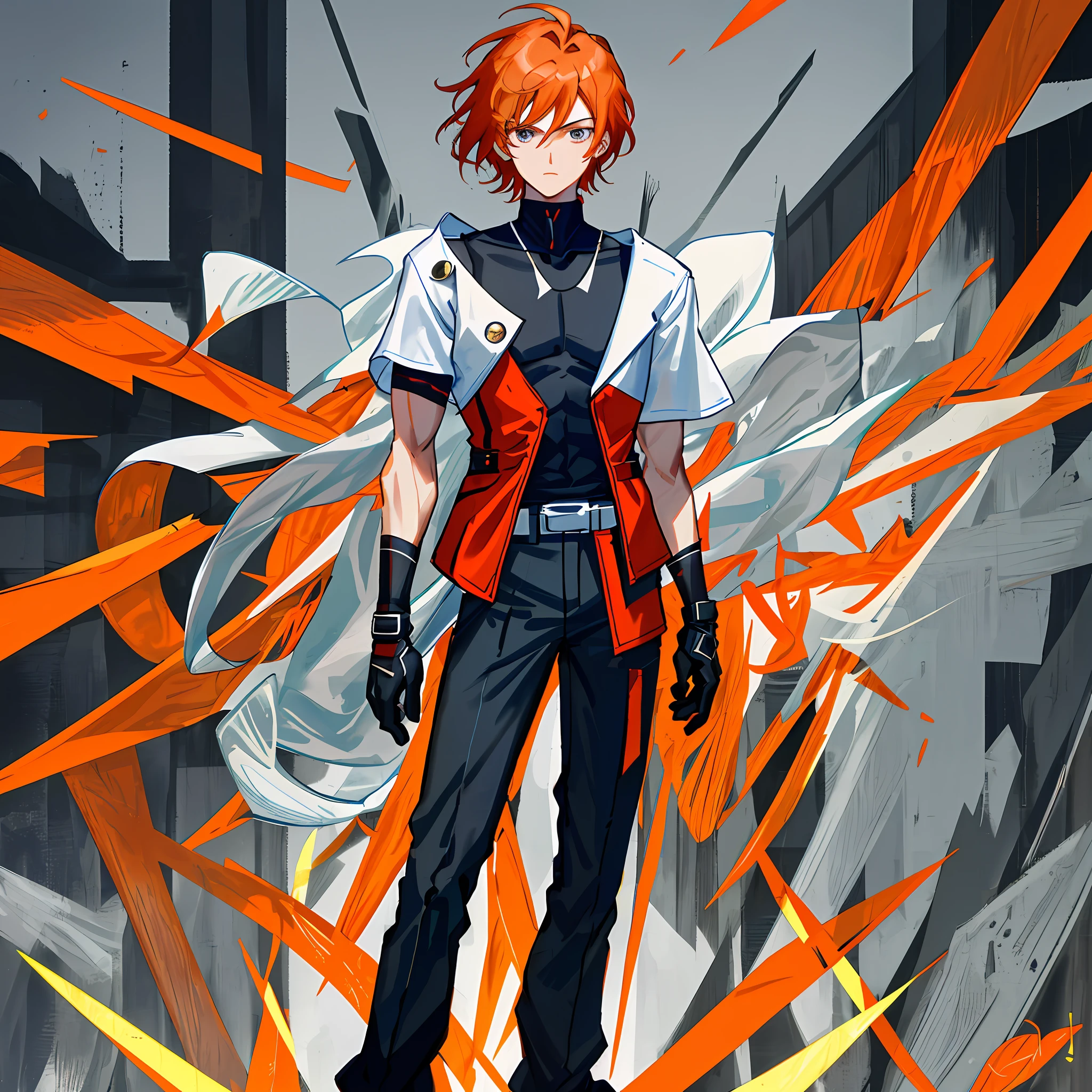 He is male, , his height is 1.85, tall man, white skin color, black eyes, marked eyes, defined athletic body, full body vision, black shirt with blue details, manga up to the shoulder, collar covers the neck, v-detail on the collar, gray blue pants, detailed black boots with the blue thistles, workout band at the waist, orange red hair, superiority pose, is looking at the camera, serious face of challenge, penetrating combat look, definition on the body, shape, maximum detail, in 4k, black gloves not not with golden details, well-defined and trained muscles, pocket in pants, details of lines on the blouse, big hair up to the shoulder, hair with movement in the wind, masterpiece.
