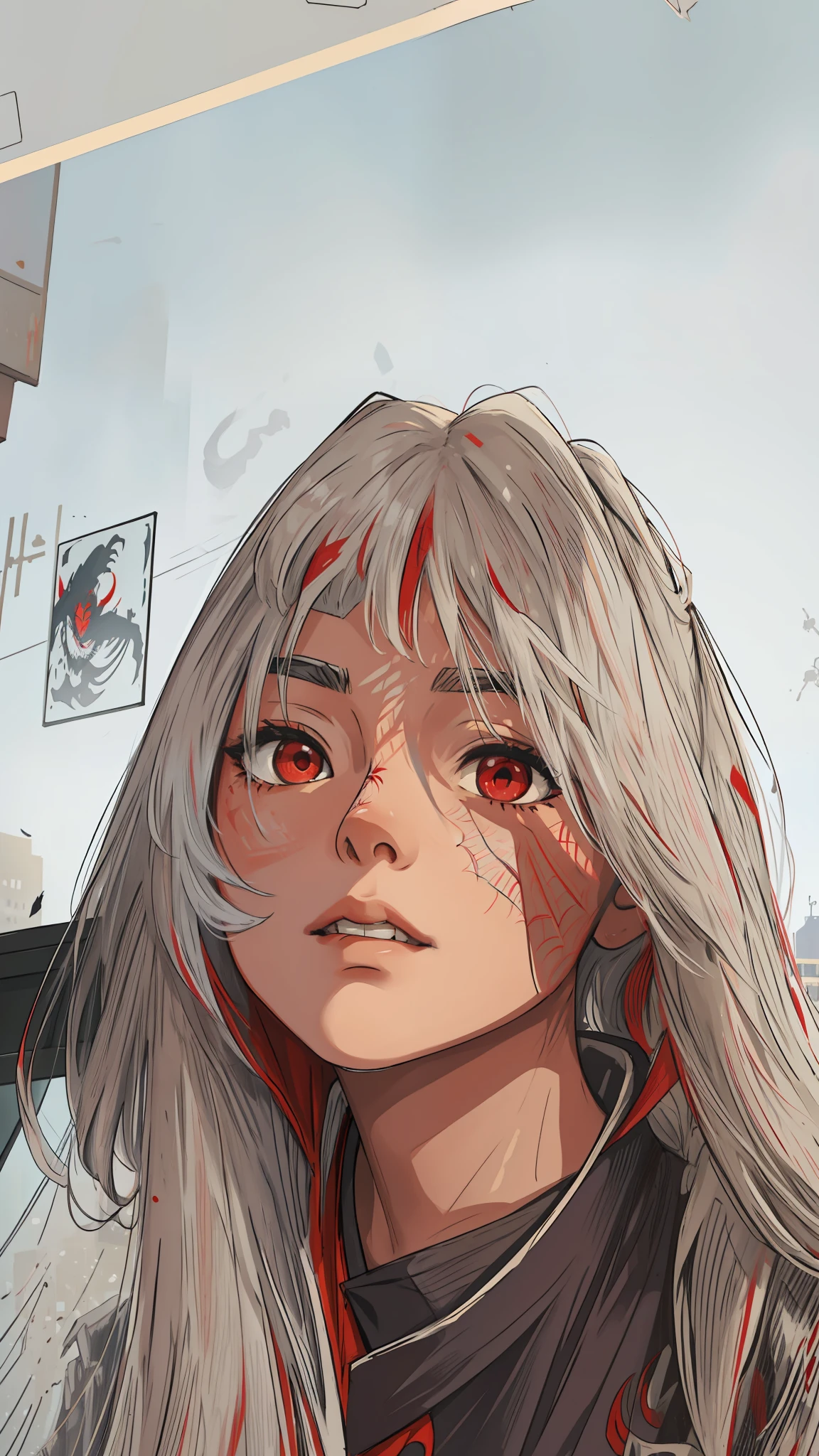 (masterpiece, best quality),  intricate details, 8k, artstation, wallpaper, official art, splash art, sharp focus,
1girl,  Nakiri Ayame, long hair, twintails,  red eyes, white hair, 
 spider suit, spider web print, spider web,  
skyscrappers, city, buildings, cars, street,