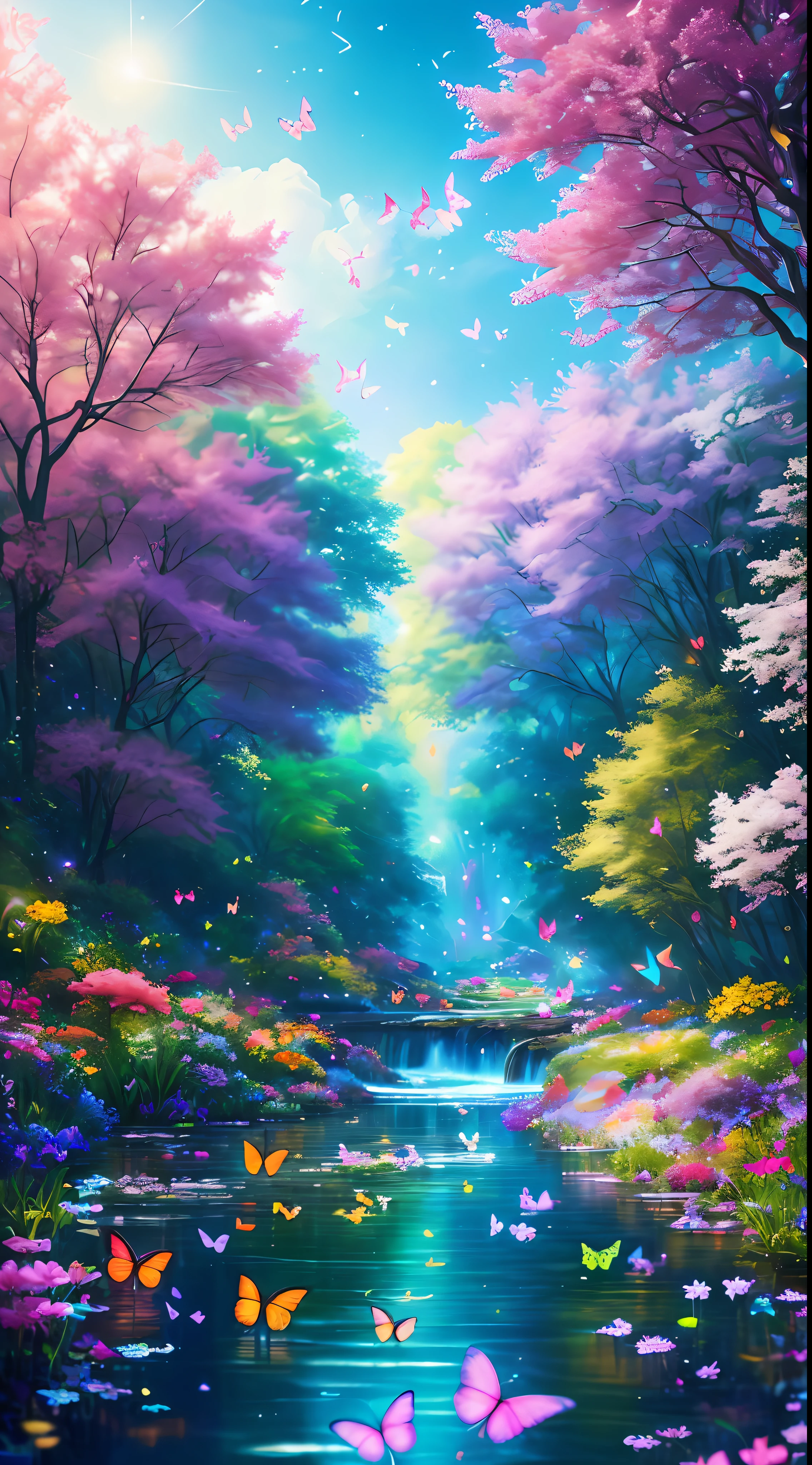 Masterpiece, best quality, high quality, highly detailed cg unity 8k wallpaper, an extremely colorful and pure fantasy environment, vibrant tones and bright skies, bright green grass landscapes, colorful trees, sparkling Fruits and bright blue flowers. The streams were deep blue, and there was a sweet, exotic flavor in the air. Environment seems taken out of a dream, glowing butterflies and huge colorful birds flying around, award winning photography, bokeh, depth of field, HDR, bloom, chromatic aberration, realistic, very detailed, trending on artstation , trending on cgsociety, intricate, high detail, dramatic, midjourney art