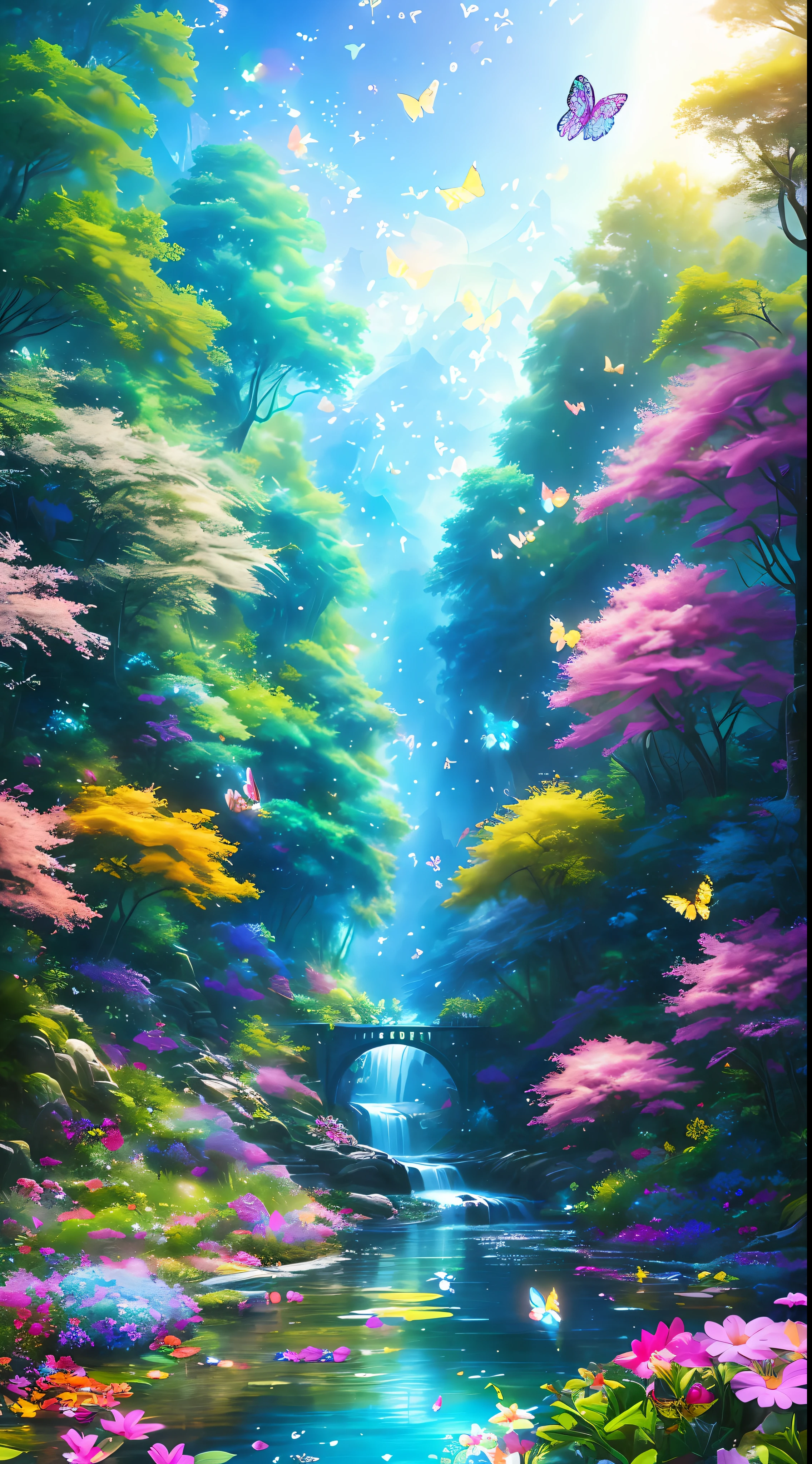 Masterpiece, best quality, high quality, highly detailed cg unity 8k wallpaper, an extremely colorful and pure fantasy environment, vibrant tones and bright skies, bright green grass landscapes, colorful trees, sparkling Fruits and bright blue flowers. The streams were deep blue, and there was a sweet, exotic flavor in the air. Environment seems taken out of a dream, glowing butterflies and huge colorful birds flying around, award winning photography, bokeh, depth of field, HDR, bloom, chromatic aberration, realistic, very detailed, trending on artstation , trending on cgsociety, intricate, high detail, dramatic, midjourney art