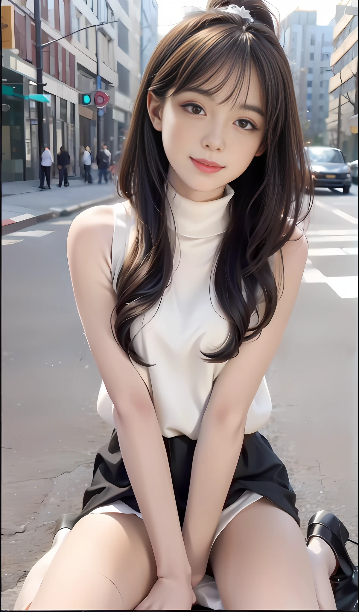 Highest image quality, 8K resolution, extremely beautiful and delicate, (light makeup), long black curly hair, sweet and lovely smile, delicate and beautiful fair skin, finger optimization, realistic and realistic, exquisite and complete three-dimensional facial features, detailed facial portrayal, high nose bridge, sexy orange lipstick, beautiful gentle beautiful girl, smooth hair, sunshine, lively, chuchu cute, extremely delicate hair, soft temperament, high coil hair, face light, surreal, realistic, 8K picture quality, extreme details, realistic details, master works, Realistic extreme, perfect body, absolutely beautiful, pure desire, stunning beauty, peerless beauty, youth, a little fairy fluttering, girl, goddess, smile, fine facial features, facing the viewer, hair over the shoulder, brown hair, long legs, sideways, (off-the-shoulder), ((white casual coat))), sun, beach, real