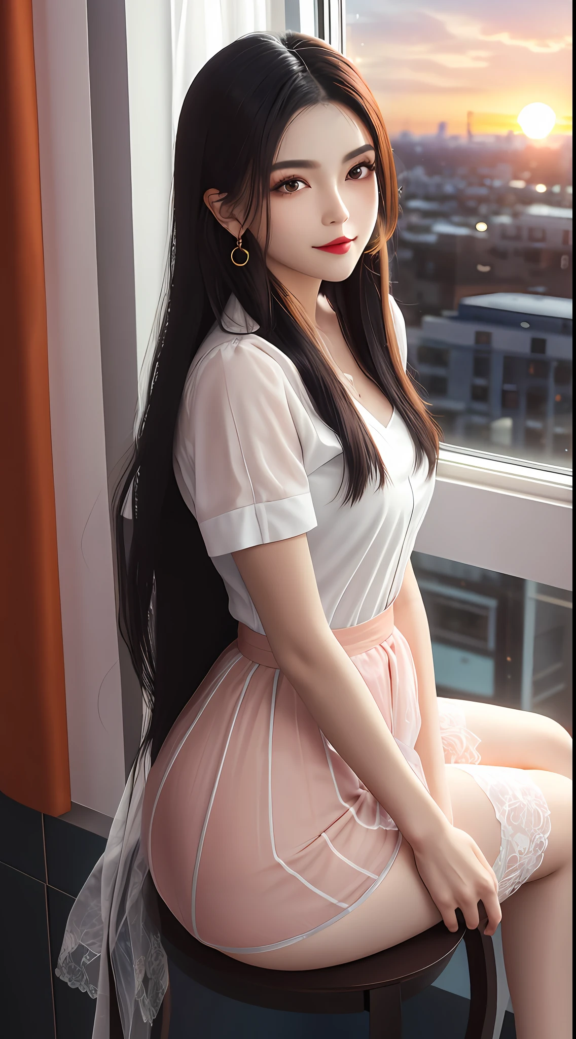 1 beautiful girl, sad girl, sitting by the window, long hair, beautiful face without blemishes, rosy face, earrings, brown eyes, thin eyebrows, most thorough makeup is eyelashes, red lips, lips petite, graceful smile, The breasts are full and round, slim waist, big butt, long legs, wear a thin white shirt that reaches to the waist, black mesh stockings, long hair, one afternoon, sunset is fading, sky color orange, clear sunset background image, sad girl, sitting by the window, 1 afternoon, sunset is fading, sky is orange, detailed sunset background image, quality best image quality, 8k quality, 4x scale, real girl, girl portrait sitting by the window, artwork, upper body half,
