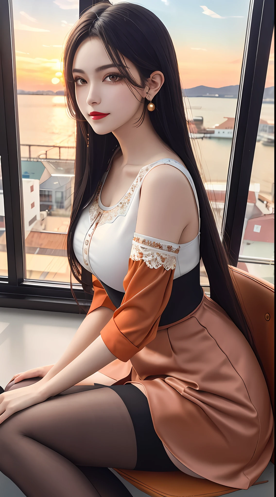 1 beautiful girl, sad girl, sitting by the window, long hair, beautiful face without blemishes, rosy face, earrings, brown eyes, thin eyebrows, most thorough makeup is eyelashes, red lips, lips petite, graceful smile, The breasts are full and round, slim waist, big butt, long legs, wear a thin white shirt that reaches to the waist, black mesh stockings, long hair, one afternoon, sunset is fading, sky color orange, clear sunset background image, sad girl, sitting by the window, 1 afternoon, sunset is fading, sky is orange, detailed sunset background image, quality best image quality, 8k quality, 4x scale, real girl, girl portrait sitting by the window, artwork, upper body half,