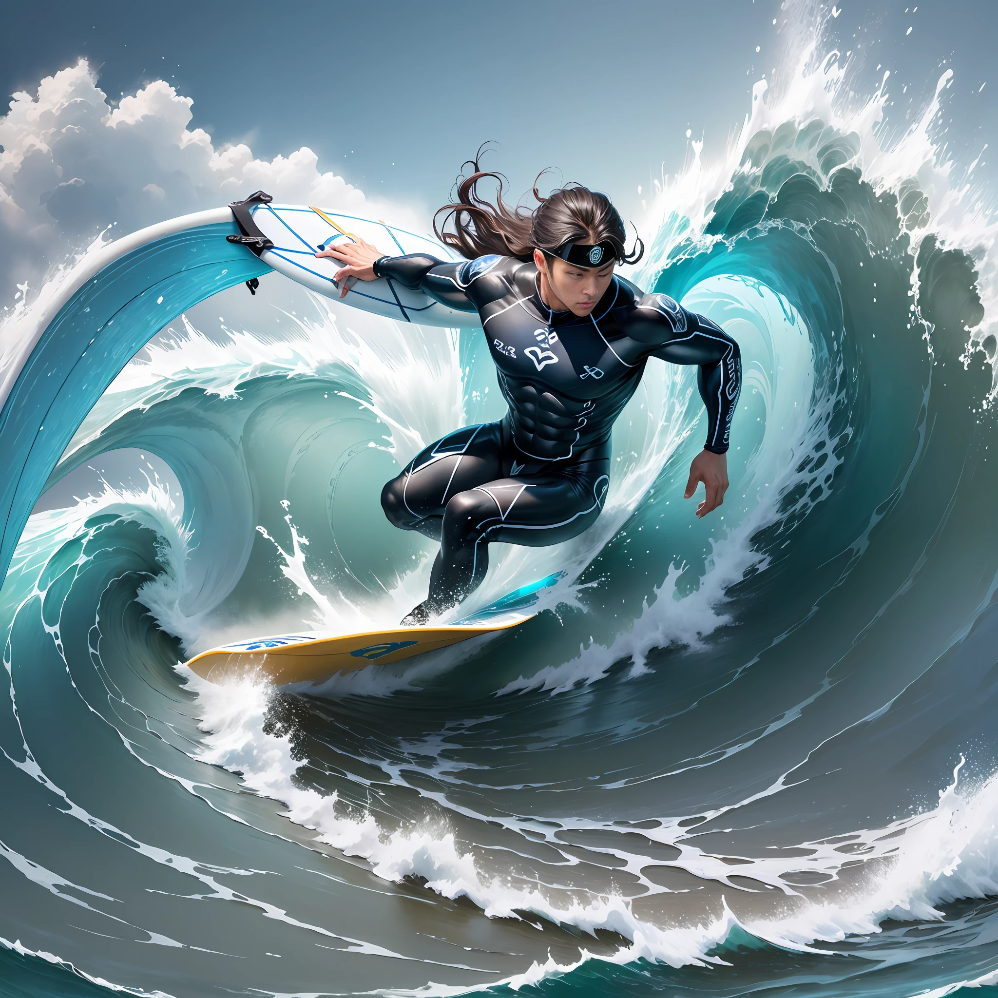 Highly detailed, high quality, masterpiece, beautiful, ((surf, waves)), raidenmgr, (one eye covered:1.3), man surfing a giant wave --auto --s2