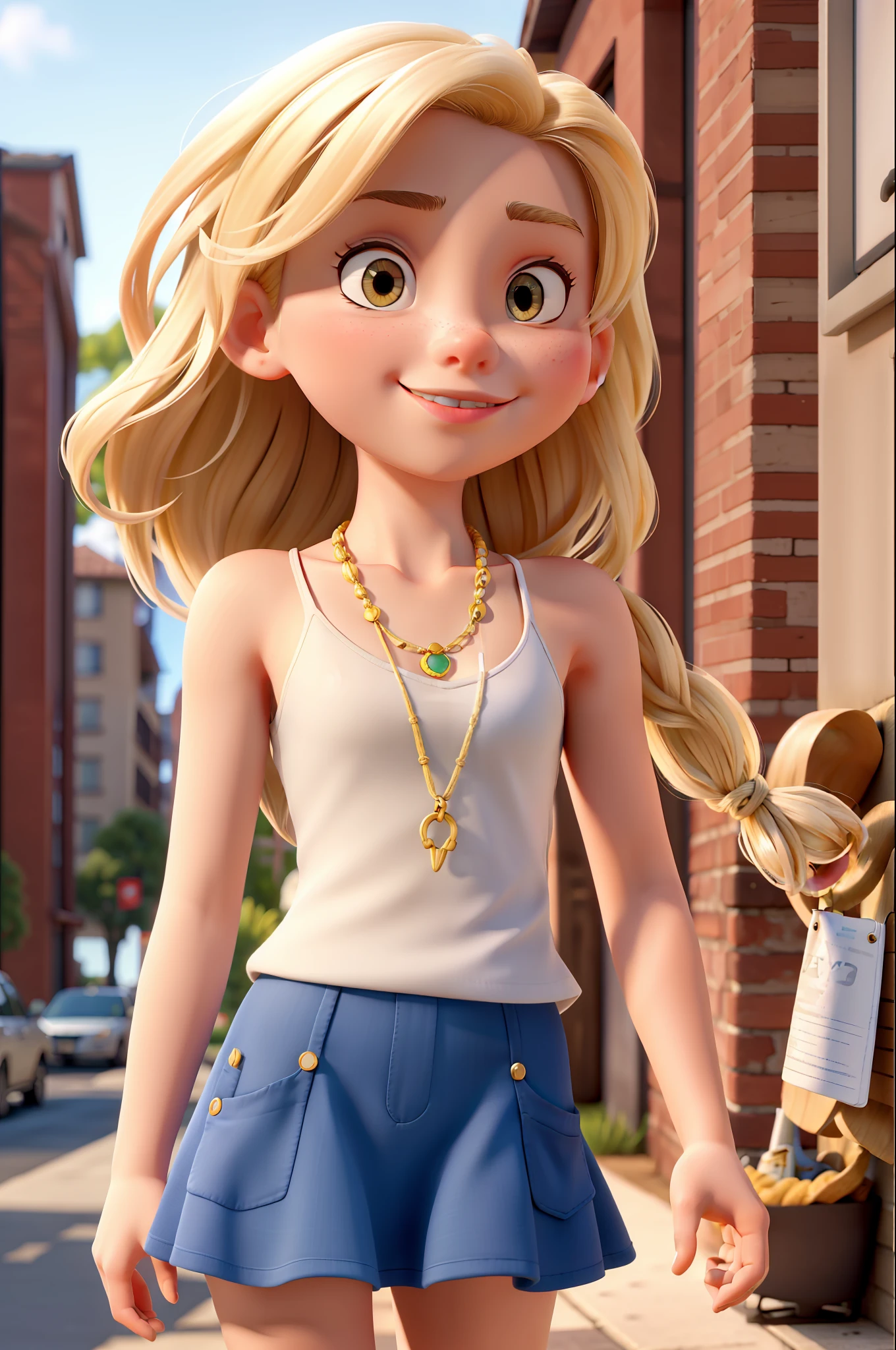 Masterpiece, best quality, line art, blonde girl, pointed face and straight nose, small breasts, wearing a small tank top with ultra-narrow fishnets, short skirt, a large string of necklaces, street girl outfit