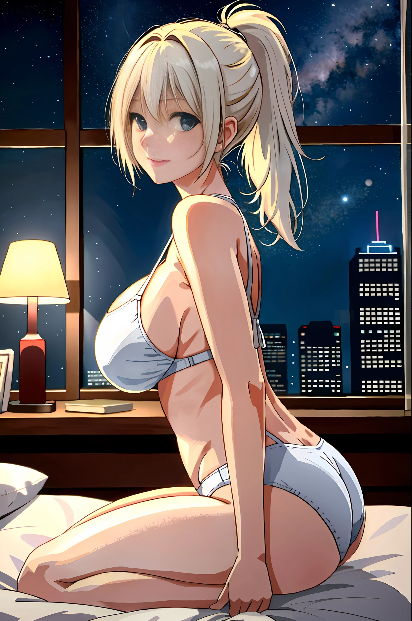 Realistic, Best Quality, 8k Ultra HD, DSLR, Soft Light, High Quality, Film Grain, Fujifilm XT3, (Chest Close-up, Full Body Shot), 1 Girl, Yoga Wear, White, Shelfare, Platinum Blonde Hair Color, Ponytail, (Nighttime, Dark City), Neon, Authenticity, Creative Expression, Camera, Computer, Books, Messy Room, Bed, Lamp, Window Night Sky, ((Large Boobs, Downboob, sideboob))