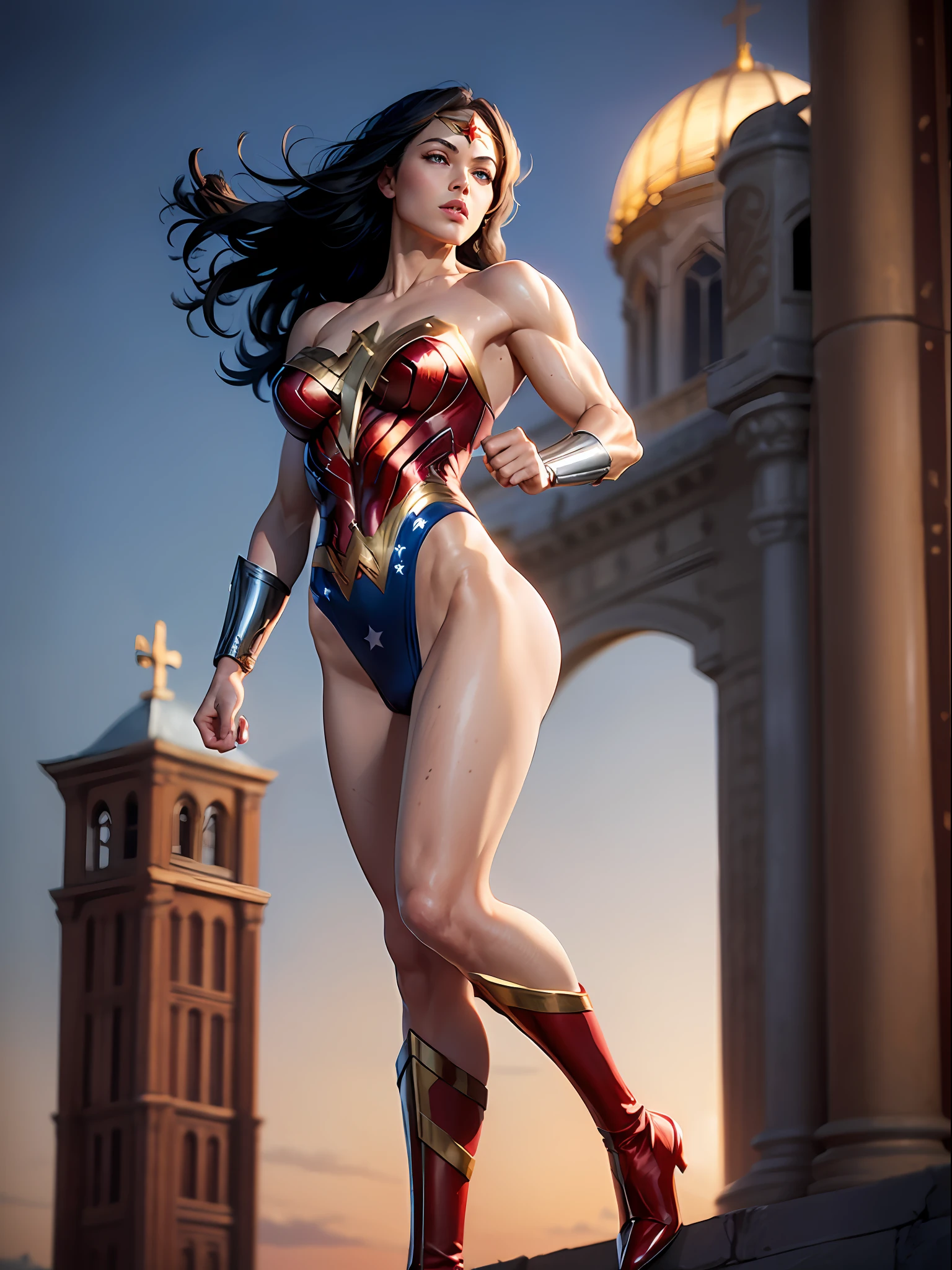 ((Full body photo, from below with feet on the ground)). Wonder Woman, (intricate details, makeup), (delicate and beautiful delicate face, delicate and beautiful delicate eyes, perfectly proportioned face), (realistically glowing skin: 1.0), delicate skin, strong and realistic blue eyes, realistic black hair, lips, makeup, natural skin texture, tiara, jewelry, star \(symbol\), leotard, bulletproof gauntlet, red boots, golden belt, (public clothing: 1.5), bare shoulders, slightly sunburned complexion, mature, sexy,  Elasticity muscles, (muscles:1.2), ((strong and healthy body)), ((((more) muscles))), long legs, curves, (big breasts: 1.3), split, thin waist, soft waist, (delicate skin), (beautiful and sexy woman), (swollen lips: 0.9), (eyelashes: 1.2), very delicate muscles, perfect body, extremely exhibitionist, very tight on the body. ((standing on a church pylon, city background, night, city sign)). ((from head to toe, whole body)). Serious, clenched fist, fighting stance, 16K, high quality, high detail, award-winning high resolution, textured skin, anatomically accurate, masterpiece, accurate, UHD, (realistic and realistic photo: 1.37),