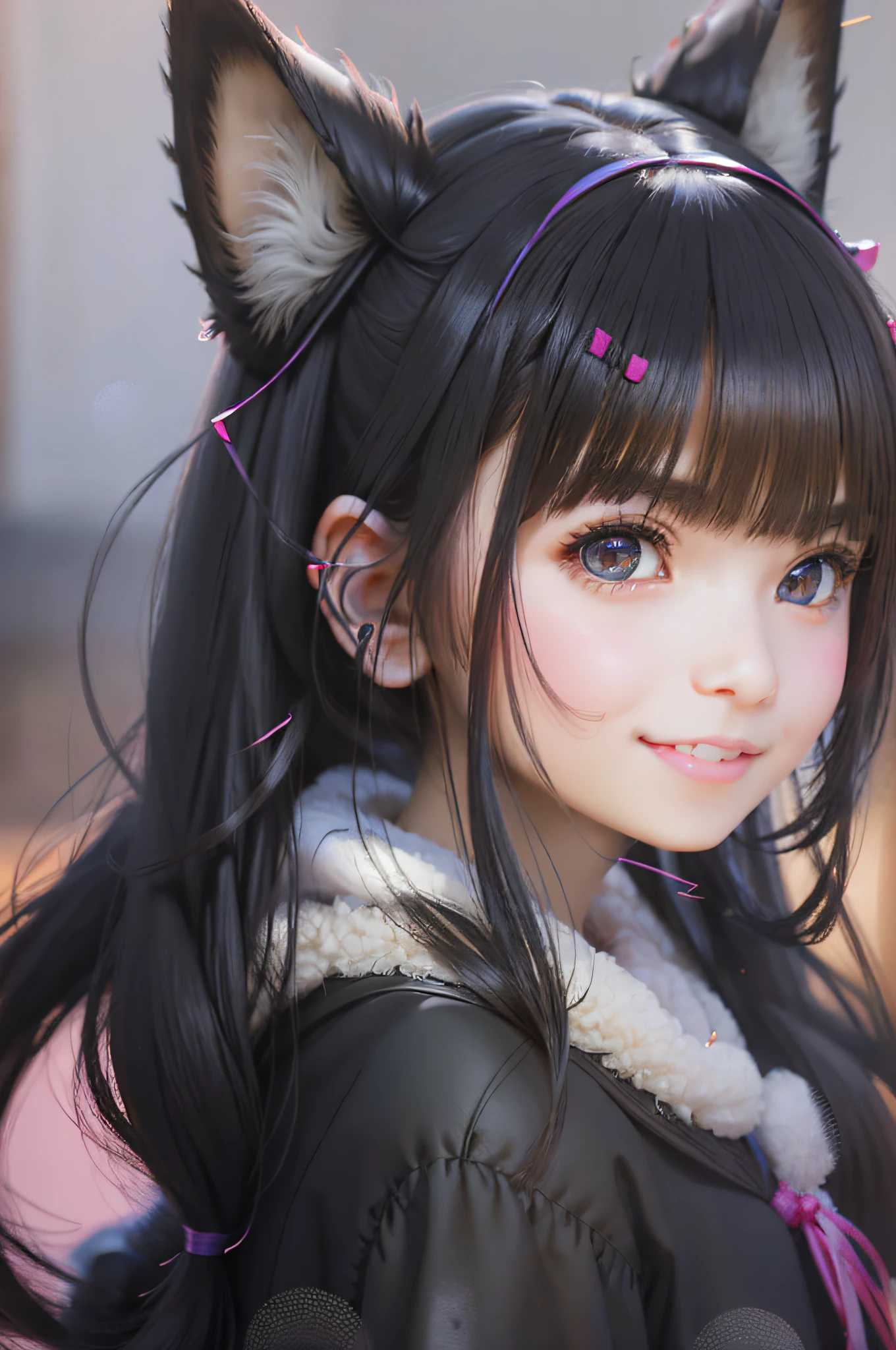 black hair, hair bobbles, wince, longeyelashes, solid circle eyes, fake animal ears, light smile, ear blush, fang, slender, flat chest, girl, Surrealism, drop shadow, anaglyph, stereogram, tachi-e, pov, atmospheric perspective, 8k, super detail, ccurate, best quality