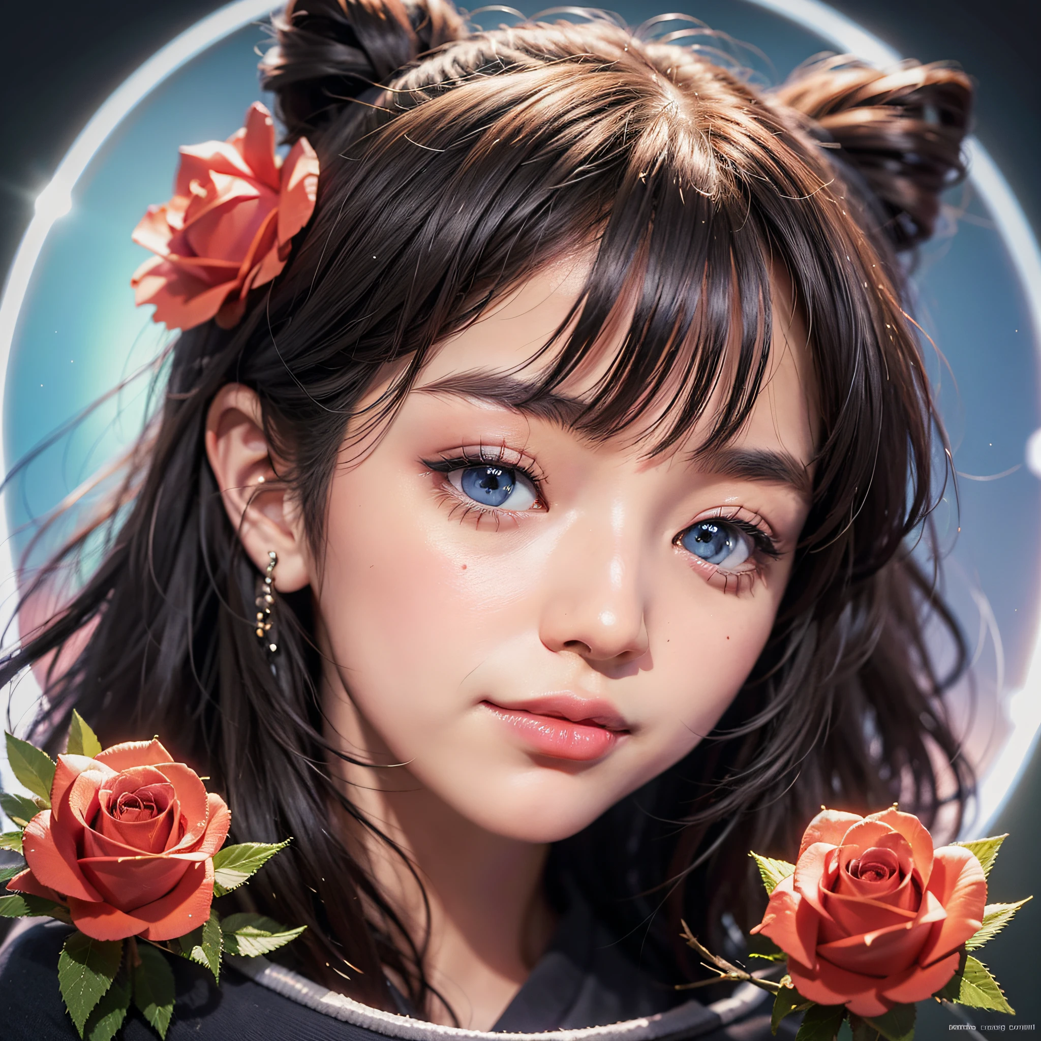 Beautiful Japan woman, nice perfect face with soft skin, small face with nose and rose-like lips, beautiful eyes, beautiful smile. Black thin long beautiful hair bathed in a vivid etheric glow, facing front in the center, extreme close-up shot, black t-shirt and cargo pants corde, bright colorful background, photorealistic, masterpiece, highest quality, super detail, HDR, 8K