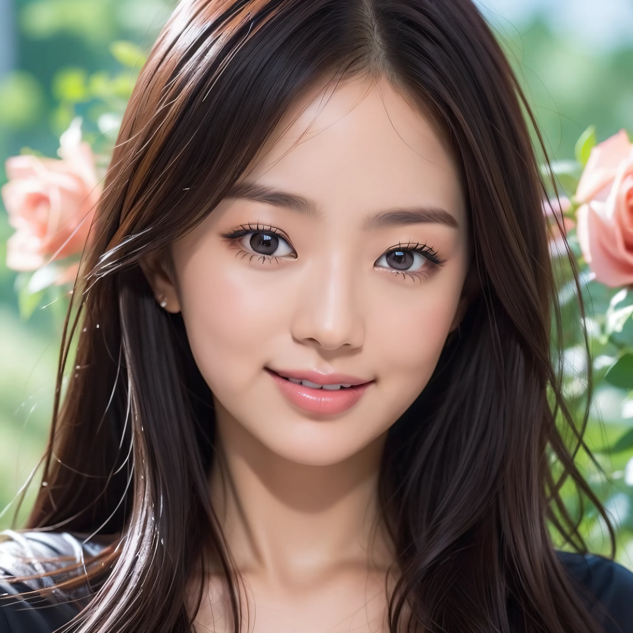 Beautiful Japan woman, nice perfect face with soft skin, small face with nose and rose-like lips, beautiful eyes, beautiful smile. Black thin long beautiful hair bathed in a vivid etheric glow, facing front in the center, extreme close-up shot, black t-shirt, bright colorful background, photorealistic, masterpiece, highest quality, super detail, HDR, 8K