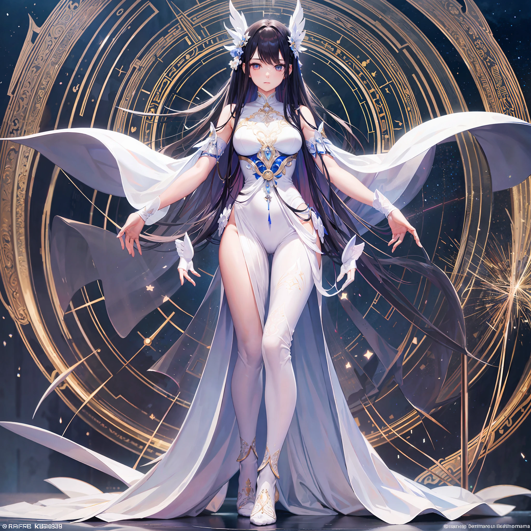 Masterpiece, a beautiful void goddess, full body white transparent clothes standing under empty night stars, disappearing transparent pants, full body standing, tall figure, slender legs, facial details, detailed body part details, 8k wallpaper
