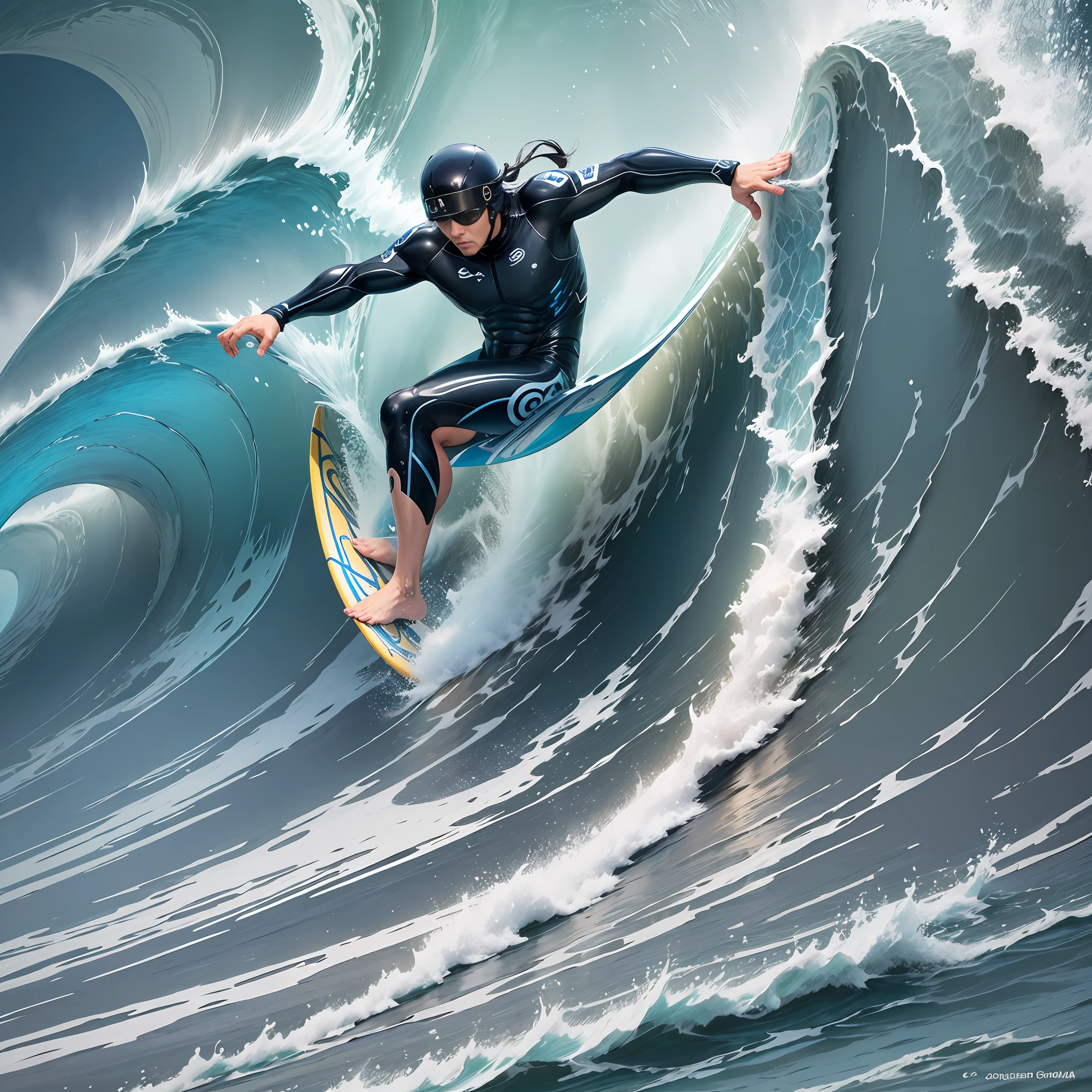 Highly detailed, high quality, masterpiece, beautiful, ((surf, waves)), raidenmgr, (one eye covered:1.3), man surfing a giant wave --auto --s2